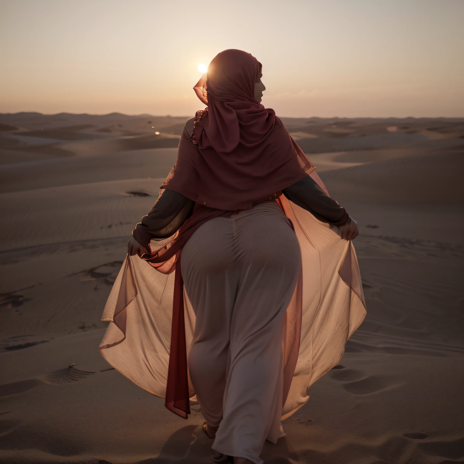 a European woman, ((blowing long brunette hair )), walking on top of Sahara sand dune, from behind, face hidden, throwing sand in wind, breeze, red sunset, bbw, (cleavage ass), (big curvy hips), flowing hijab, red kaftan, natural skin, bright eyes, 24mm, 4k, soft cinematic light, RAW photo, photorealism, photorealistic, intricate, elegant, highly detailed, sharp focus, ((((cinematic look)))), soothing tones, insane details, intricate details, hyperdetailed, low contrast, soft cinematic light, dim colors, exposure blend, hdr, faded