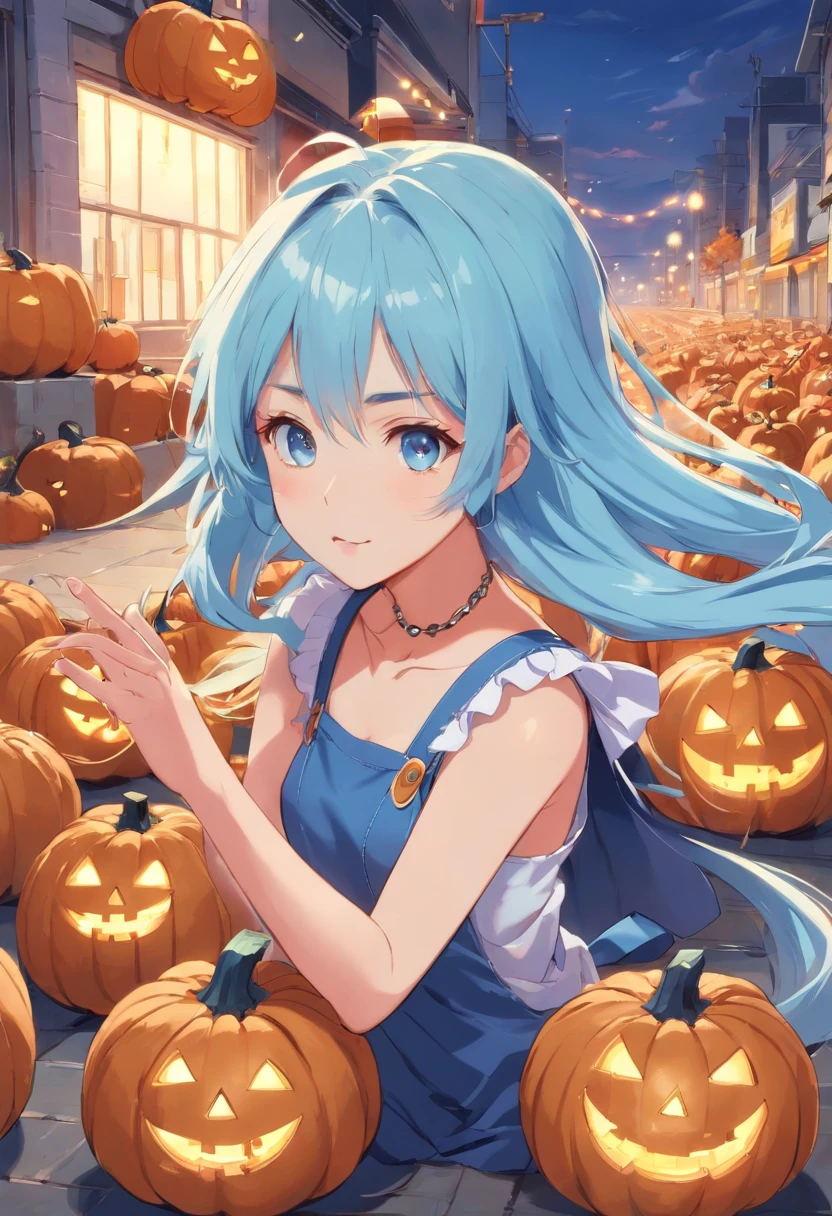 Halloween Pumpkins、Pretty girl、Light blue long hair、Twin-tailed, Cute, action SHOT, vivd colour, punk, high detailing, White background