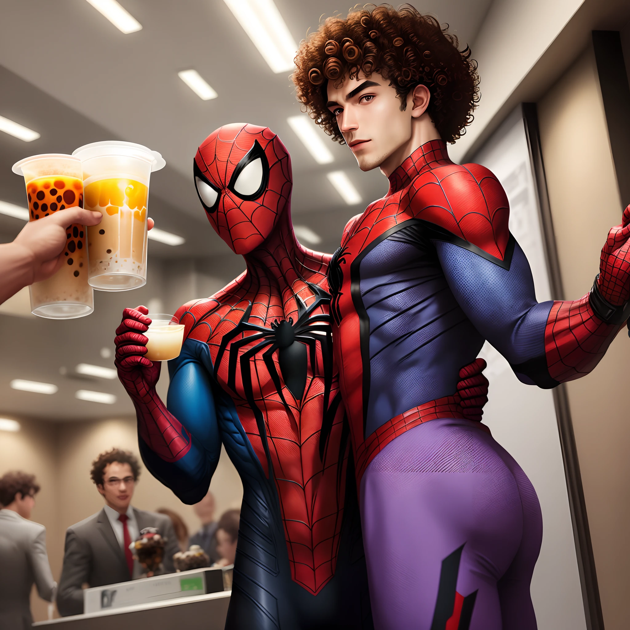 curly haired Spiderman, purple suit, holding boba