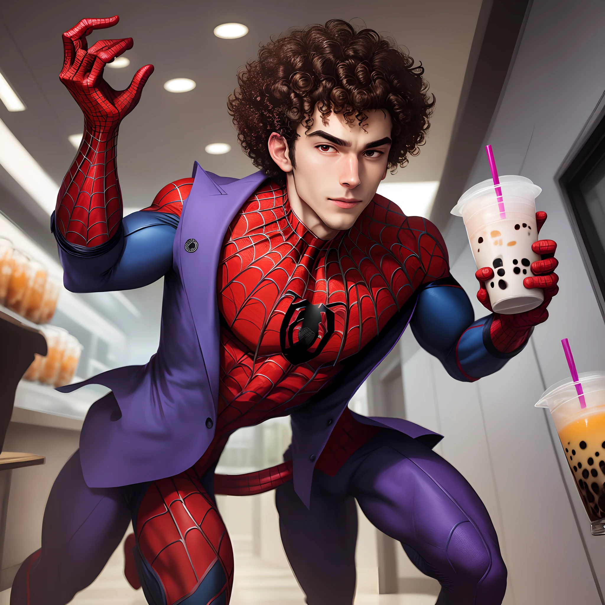 curly haired Spiderman, purple suit, holding boba