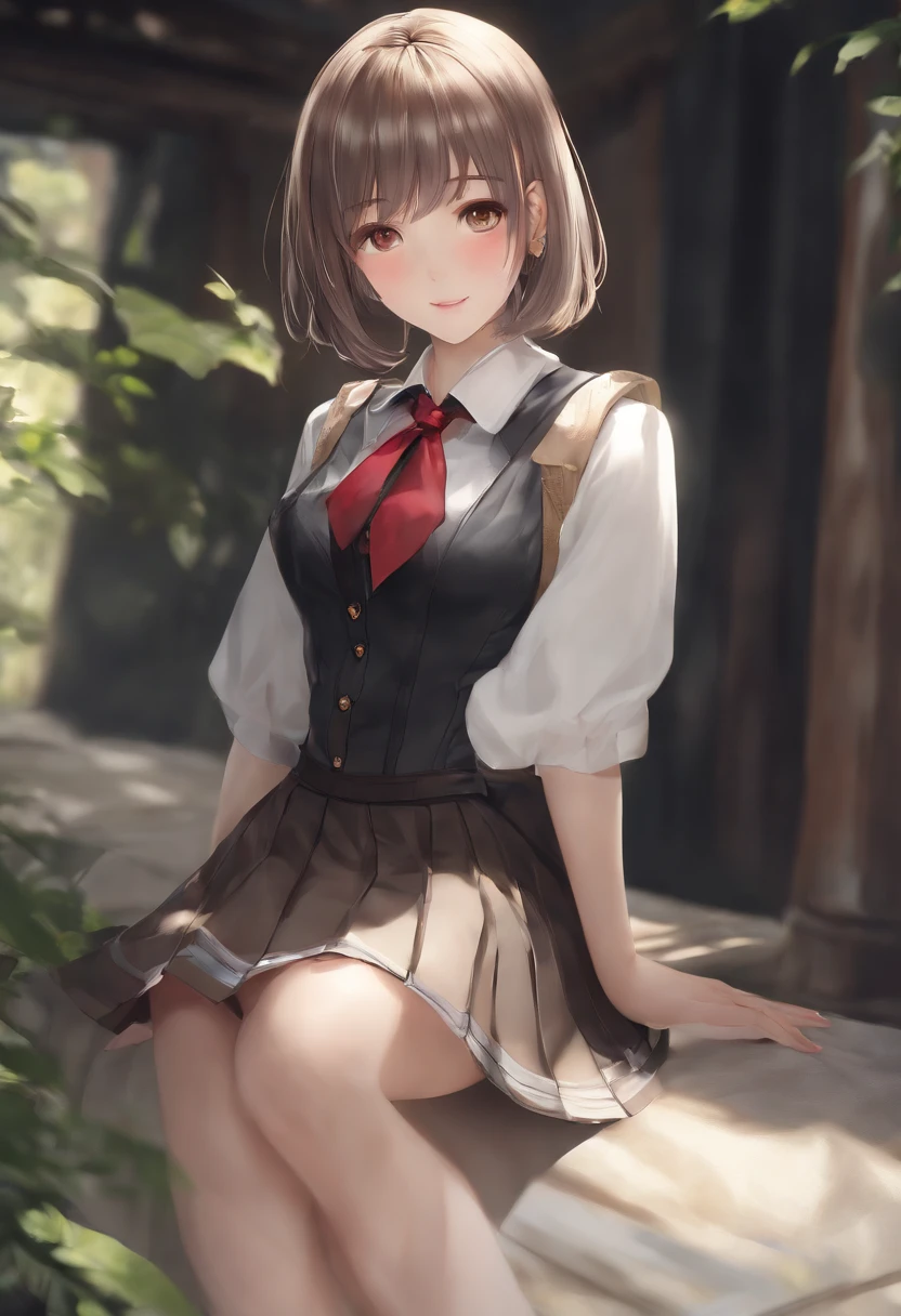 ​masterpiece, top-quality, ​masterpiece, top-quality, Official art ,the Extremely Detailed CG Unity 8K Wallpapers,  (Shorthair、Colossal tits、Japanese student uniform、shirt with collar、neck tie、adult-like、Short pleated skirt),  (musculature:1.2), vaginal, 1girl in