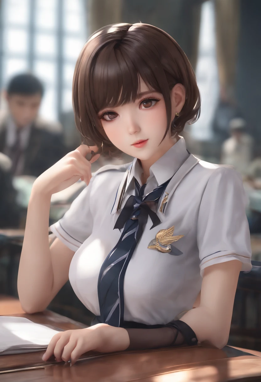 ​masterpiece, top-quality, ​masterpiece, top-quality, Official art ,the Extremely Detailed CG Unity 8K Wallpapers,  (Shorthair、Colossal tits、Japanese student uniform、shirt with collar、neck tie、adult-like、Short pleated skirt),  (musculature:1.2), vaginal, 1girl in