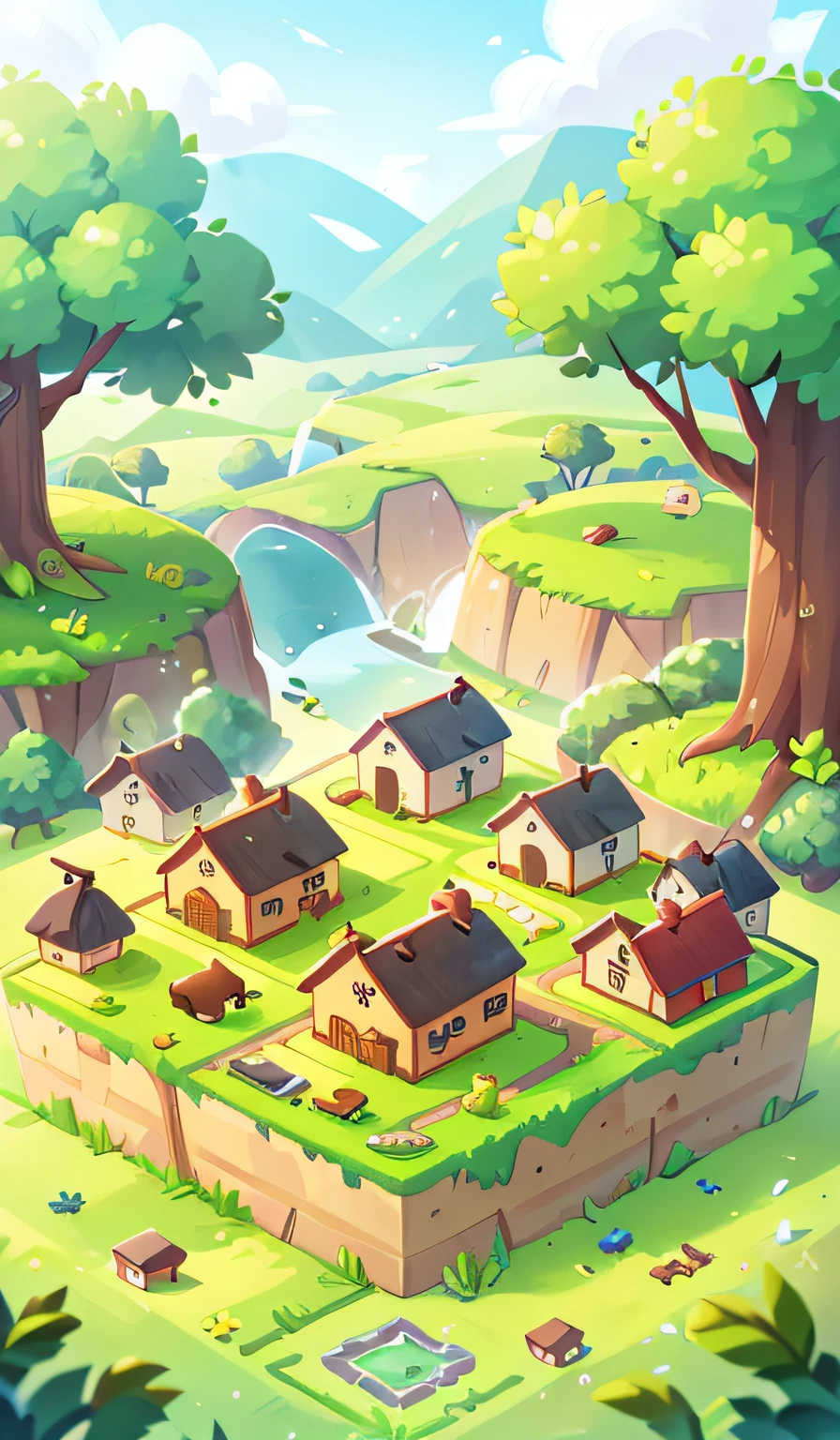 small farm alafeld view, mobile game art, stylized game art, mobile game background, isometric game art, game architecture design, farm, cartoon, large wheat field, farm, stone, grass, vegetable, wheat, trees, animals, casual game style, 3d, masterpiece, super detail, local, best quality