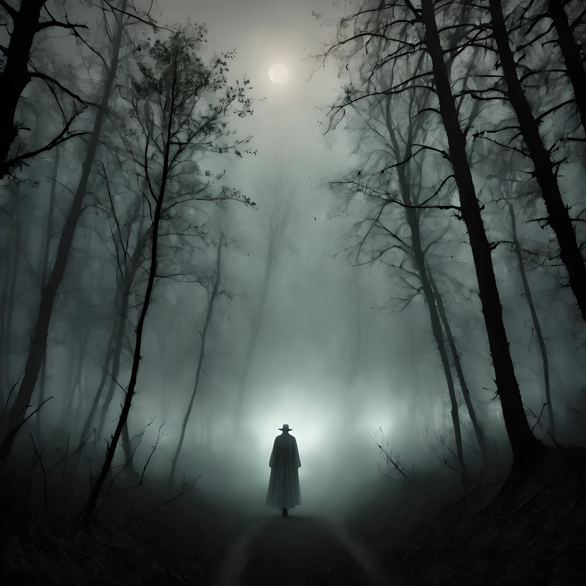 (Mist in the Woods:1.5), (deep mist:1.5), (fog:1.5), (smog:1.5), (dark forest:1.5), (ghost:1.5), (The Invisible Man:1.5), (ghosts:1.5), Silhouette illustration, realistic, Abstract, absurderes,