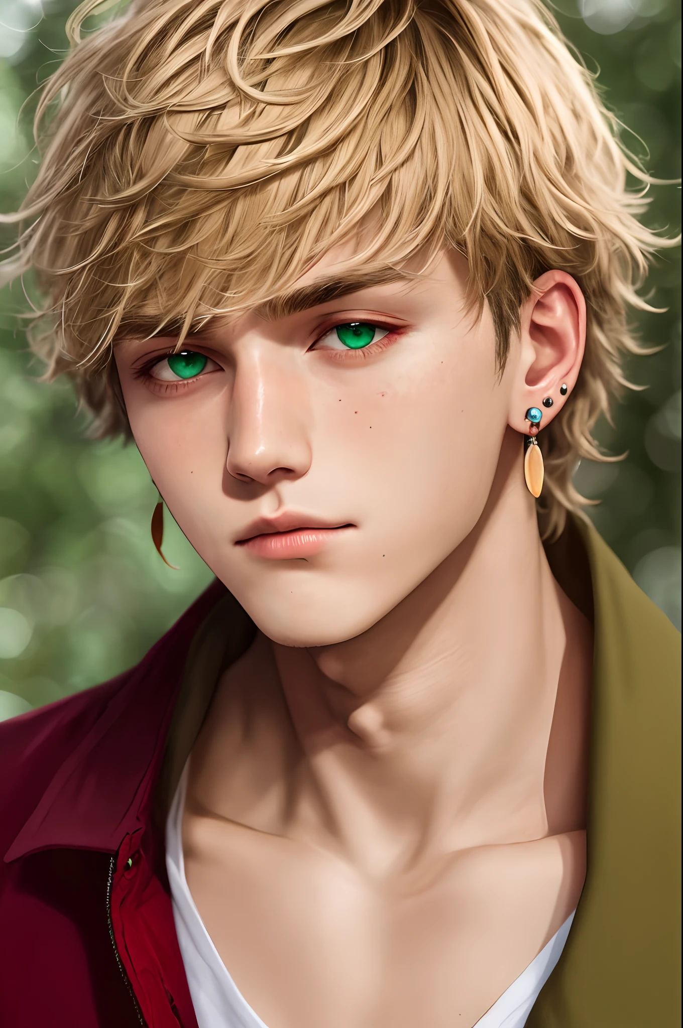 A thin, sad, pale, man with sandy blonde hair, sunken eye shadows, green eyes, sharp nose and chin, sun kissed skin, stud earrings, self harm scars