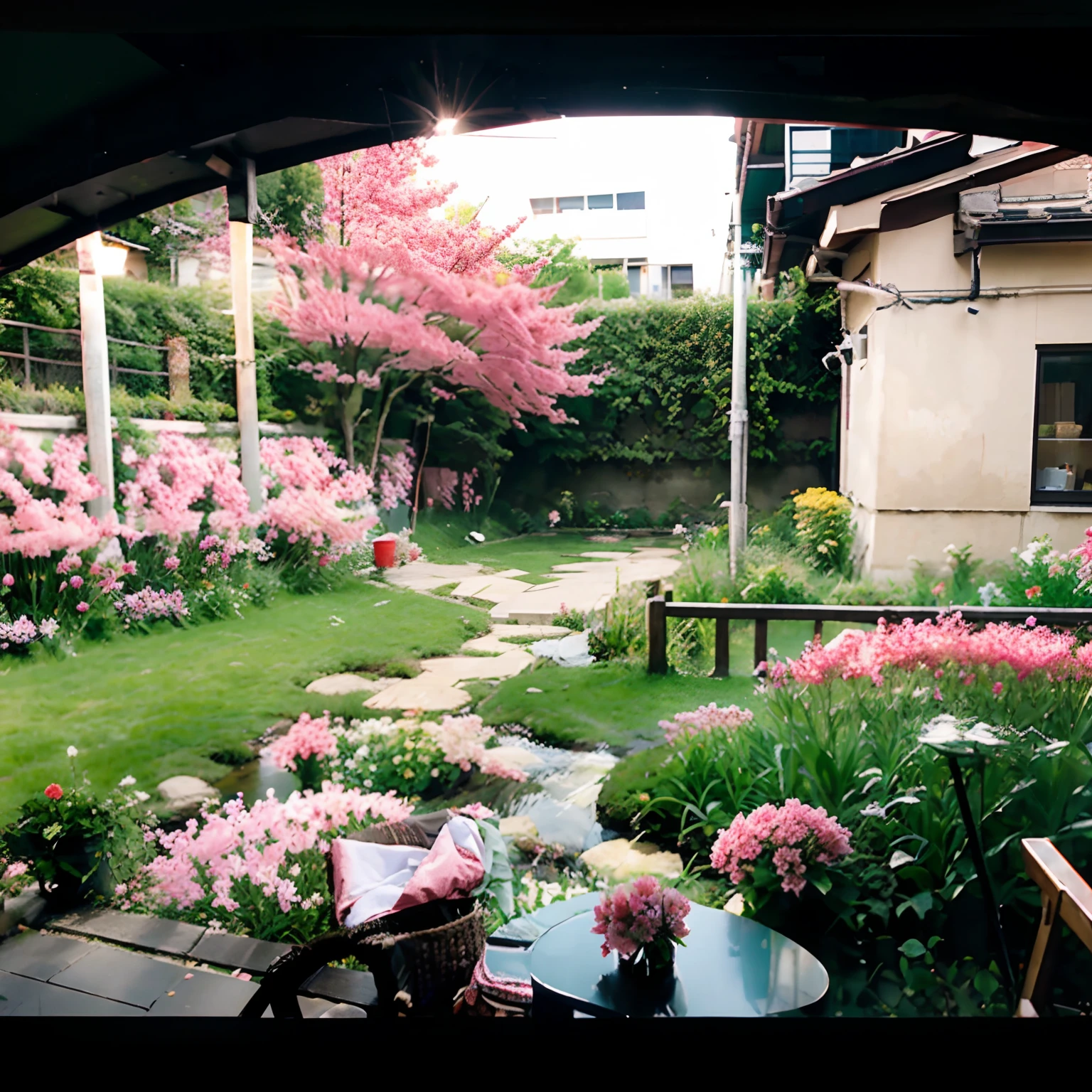 VIEW OF THE SUN RISING AMONG THE MOUNTAINS IN A GARDEN FILLED WITH PINK TULIP FLOWERS AND A SMALL RIVER AS WELL AS SAKURA TREES, VERY DETAILED