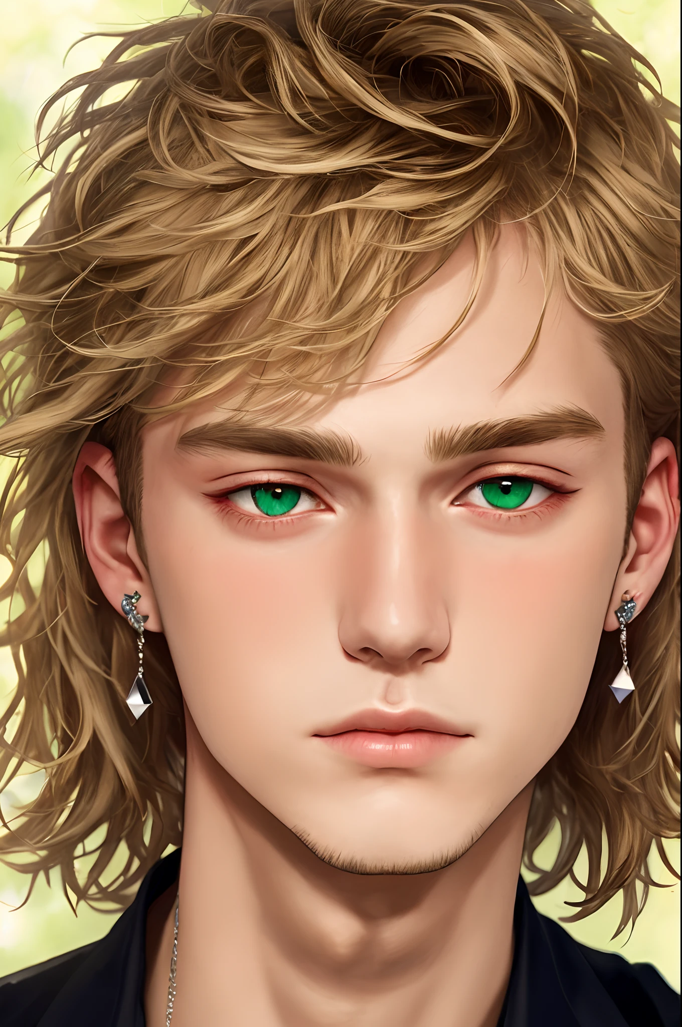 A thin, sad, pale, man with sandy blonde hair, sunken eye shadows, green eyes, sharp nose and chin, sun kissed skin, stud earrings, self harm scars