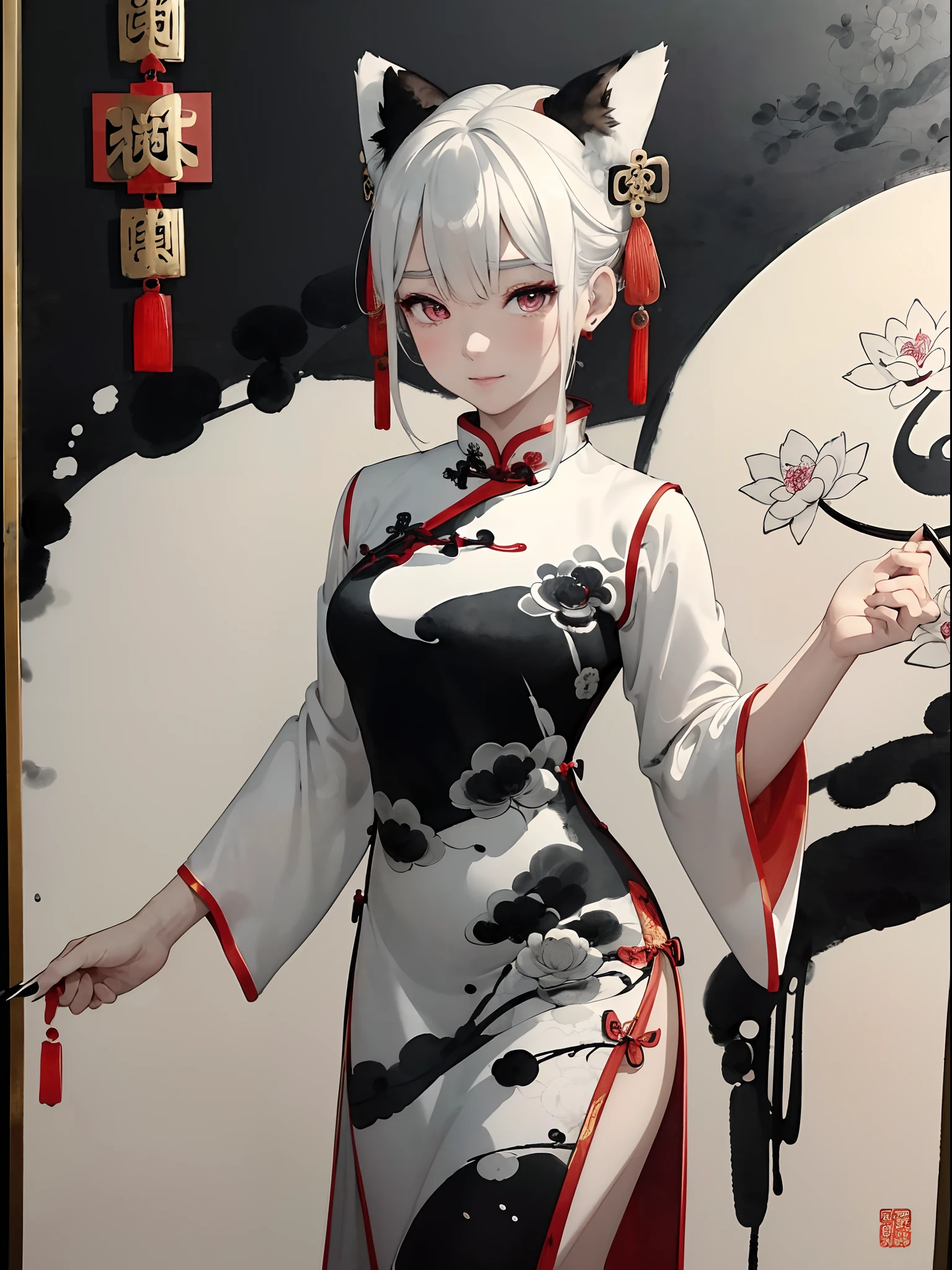 ((8K,​masterpiece、top-quality))、((Traditional Chinese Ink Painting:1.4)),lotuses,((qipao dress:1.3)),Dress conservatively ,独奏、white  hair、fox ear、blanche,looking at viewert