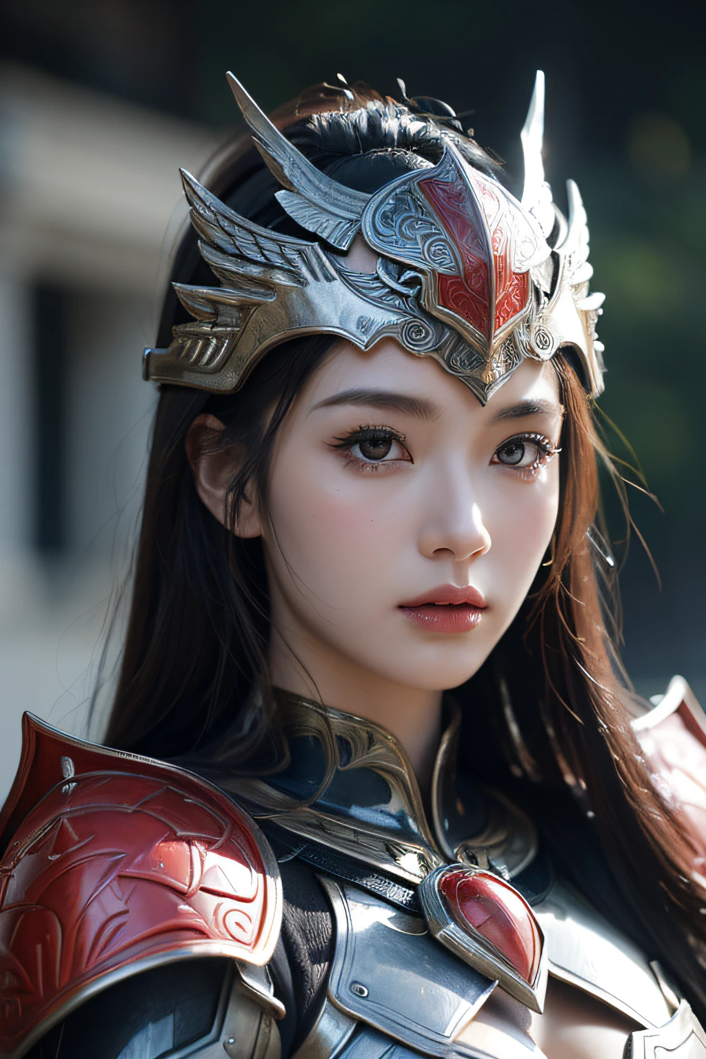 (top-quality,​masterpiece),Close up portrait of woman in silver and red dress posing,Colossal tits,beautiful countenance,well proportioned face,detailed fantasy art、closes mouth,Fanart Meilleure ArtStation、epic exquisite character art、Dragon helmet,Beautiful armor、Armor with intricate details,extremely detailed art germ、Detailed Digital Anime Art、armor girl,valkyrie,