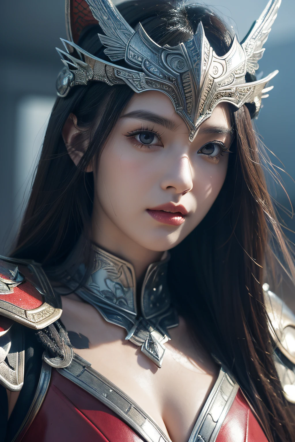 (top-quality,​masterpiece),Close up portrait of woman in silver and red dress posing,Colossal ,Beautiful face,well proportioned face,Bunching up long hair,detailed fantasy art、closes mouth,Fanart Meilleure ArtStation、epic exquisite character art、Dragon helmet,Beautiful armor、Armor with intricate details,extremely detailed art germ、Detailed Digital Anime Art、armor girl,valkyrie,Painted on the waist,