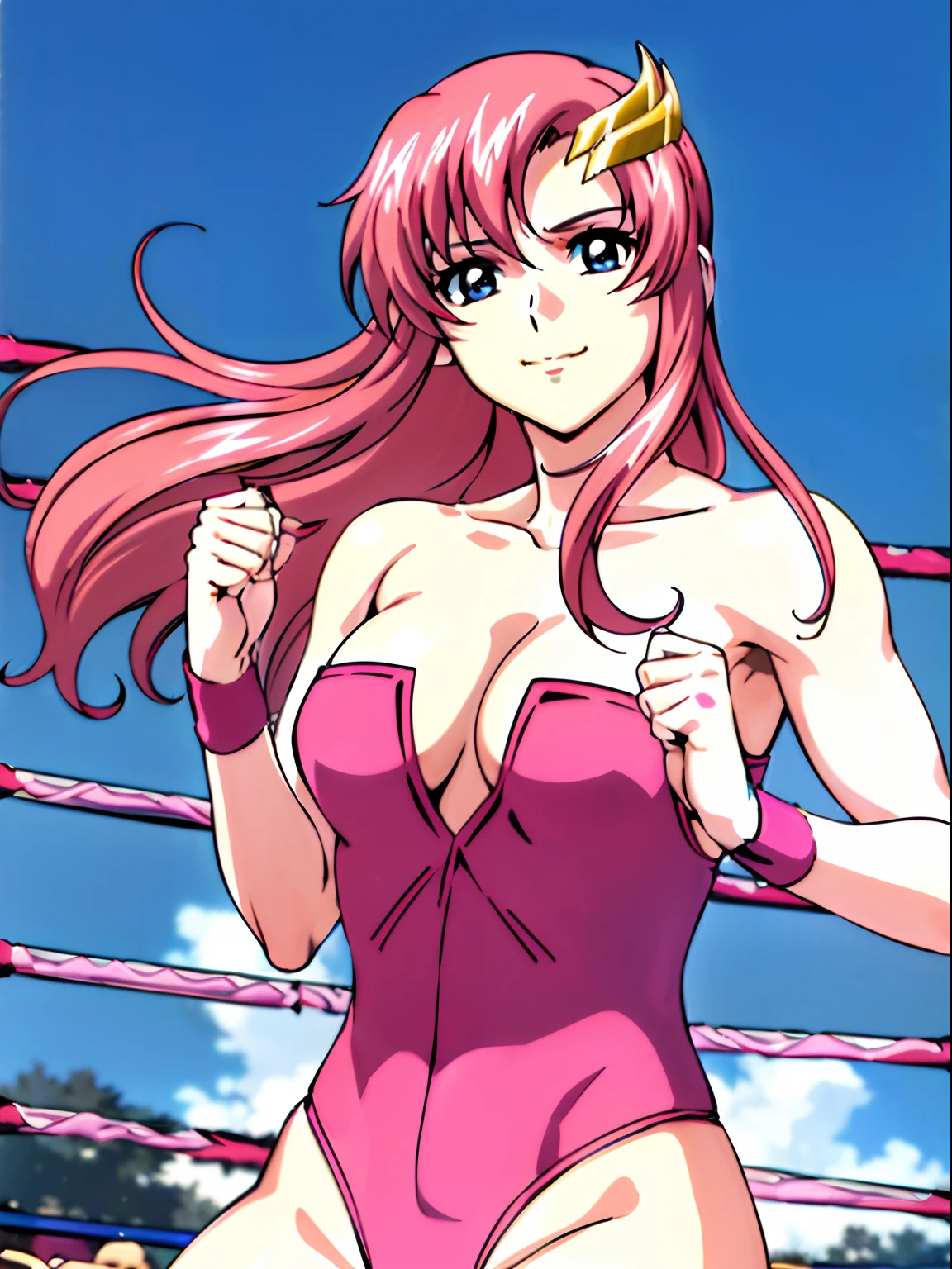 (((pink strapless wrestling outfit))), (masterpiece, standing , 4K, Best Quality, Anime style: 1.9,, Adult Woman, ultra detailed face, (cloud background, wrestling), Drawing lines, high resolution, Anime, lacus4), 1girl, Solo, curvy figure, Long hair, 鎖骨, scapular, (Detailed wide hair bangs, Hair Ornament, Detailed reddish-pink hair, golden crest), cleavage, large hands, (pro female wrestler). (Big blue eyes, shiny eyes), ((female wrestler, little biceps, slender body, broad shoulders, closed fists, closed mouth)), ((perfect proportions, medium breasts, cleavage, long belly)), (((mini pink wrestling outfit))),( looking at the viewer, gentle, smile),