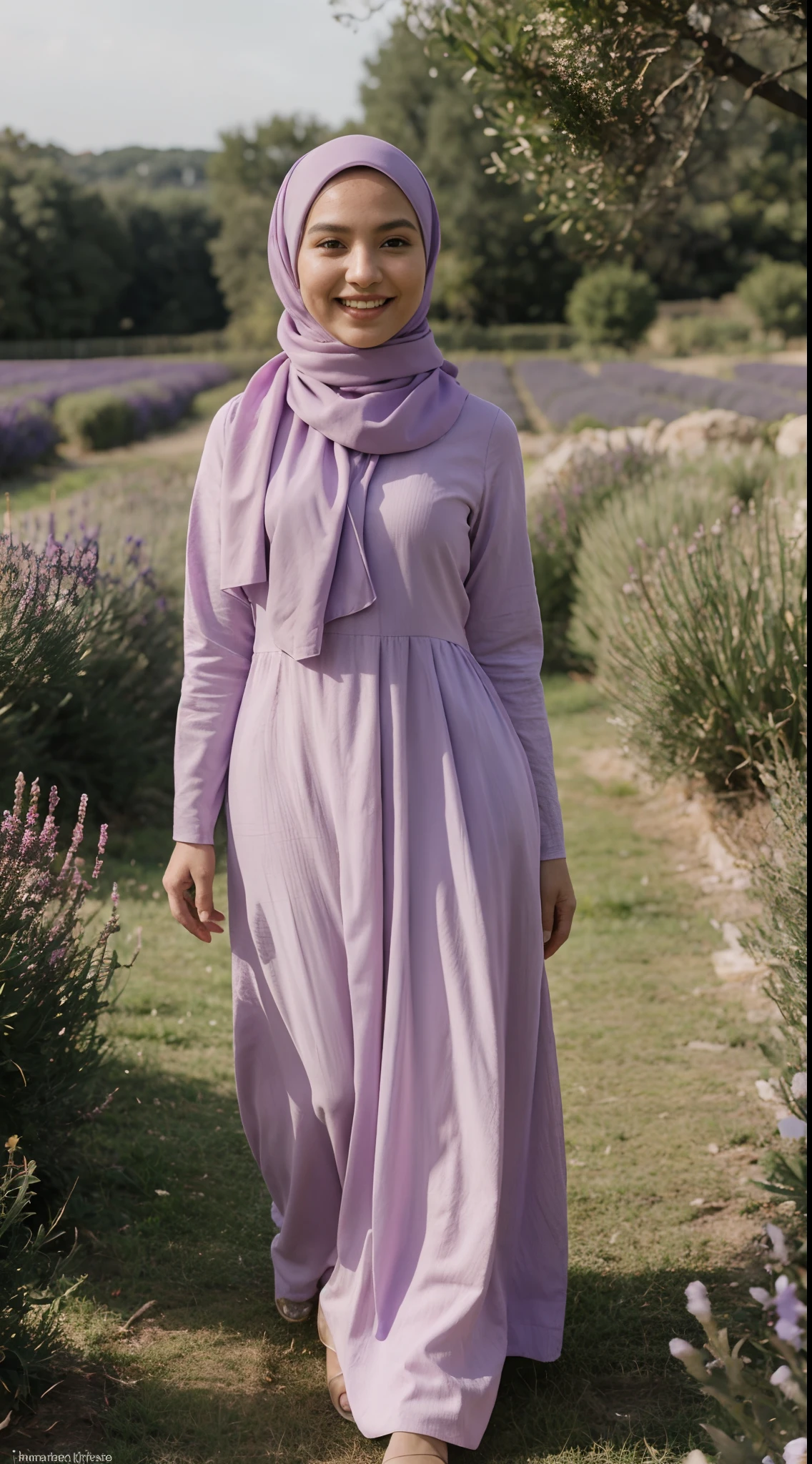 Malay girl in long hijab wear baju kurung, pastel color, walking in Lavender Fields, Provence – France , windy, blown her hijab, front view, detail skin, detail skin texture, mole below eyes, small breast, wide hips, small waist, thick thigh, slim abs, beautiful body, sunrise, laughing, happy, bright lighting, blur background, bokeh, 4k, ultra detail, high quality photo,