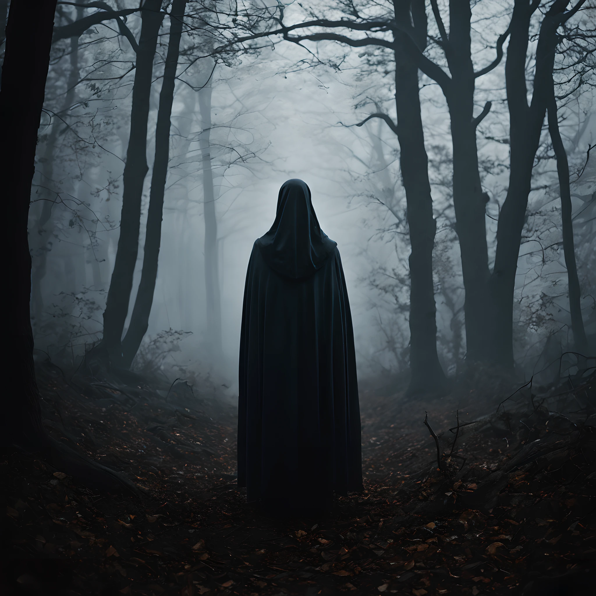 Create a mesmerizing image set in a dim, unsettling forest where a heavy mist shrouds the surroundings. The composition should convey a sense of eerie beauty, capturing the viewer's imagination.
For the central character, imagine an ethereal, almost otherworldly presence. This mysterious being should appear semi-transparent, as if materializing from the dense mist. The character should be both captivating and haunting, leaving an air of intrigue.
The dark background should serve as a stark contrast to the translucent figure. It should be rich in shadows and subtle details that evoke a foreboding atmosphere. The mist should hang in the air, creating an almost tangible sense of obscurity.
The main focus of the image is the translucent entity as it glides gracefully through the enigmatic woods. The fog should wrap around the character, emphasizing its spectral nature. The play of light and shadow amidst the mist should create a compelling and unsettling visual experience.