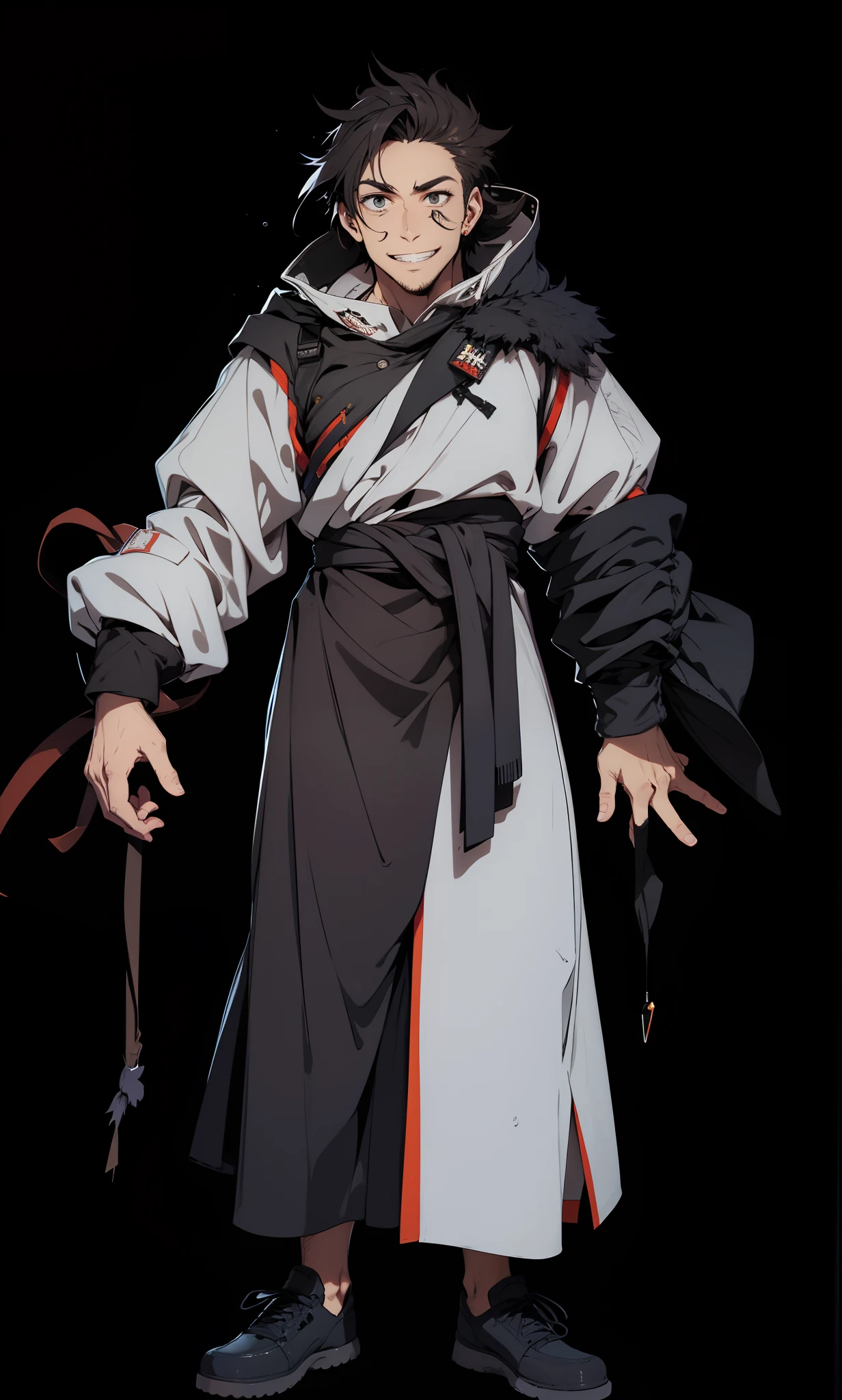 Orange eyes,White color hair,nigth,By the campfire,Lonely,Solitude,be desperate,Dark coat,Wears a black hood,A scarf covers the lower part of the face,A black bandage was wrapped around the hand