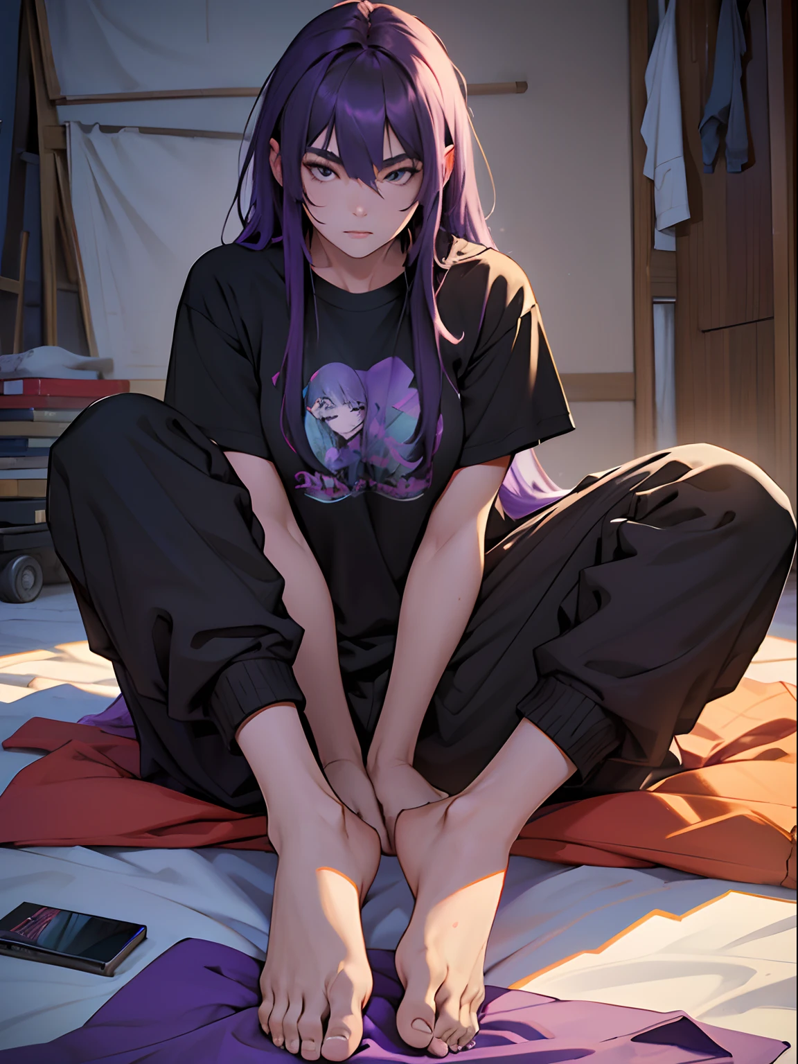 A girl, long purple hair, sitting on bedroll, Black T-shirt, black sweatpants, oversize clothes, bare feet, Wearing someone else's clothes, Slender figure, Beautiful,(Best Quality,4k,8K,hight resolution,Masterpiece:1.2), Ultra-detailed, Realistic, portrai, Vivid colors, studio lightning. Other people's clothes. Oversized clothing. black tshirt. long purple hair. Detailed. hiquality. Ultra-detailed. slim girl. big t-shirt. Detail is high. handsome girl. The Full Picture