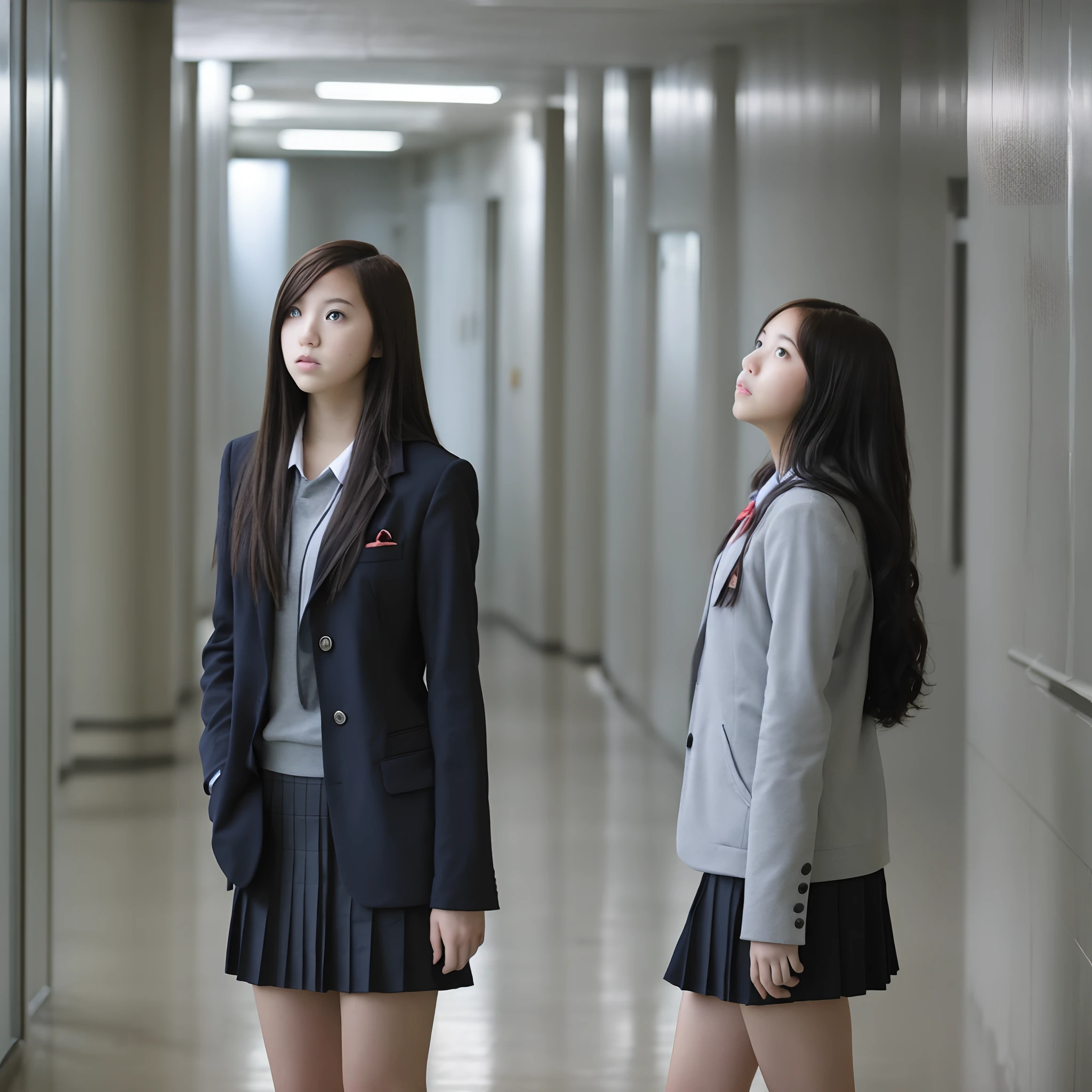 A female high school student stands in the hallway looking into the distance