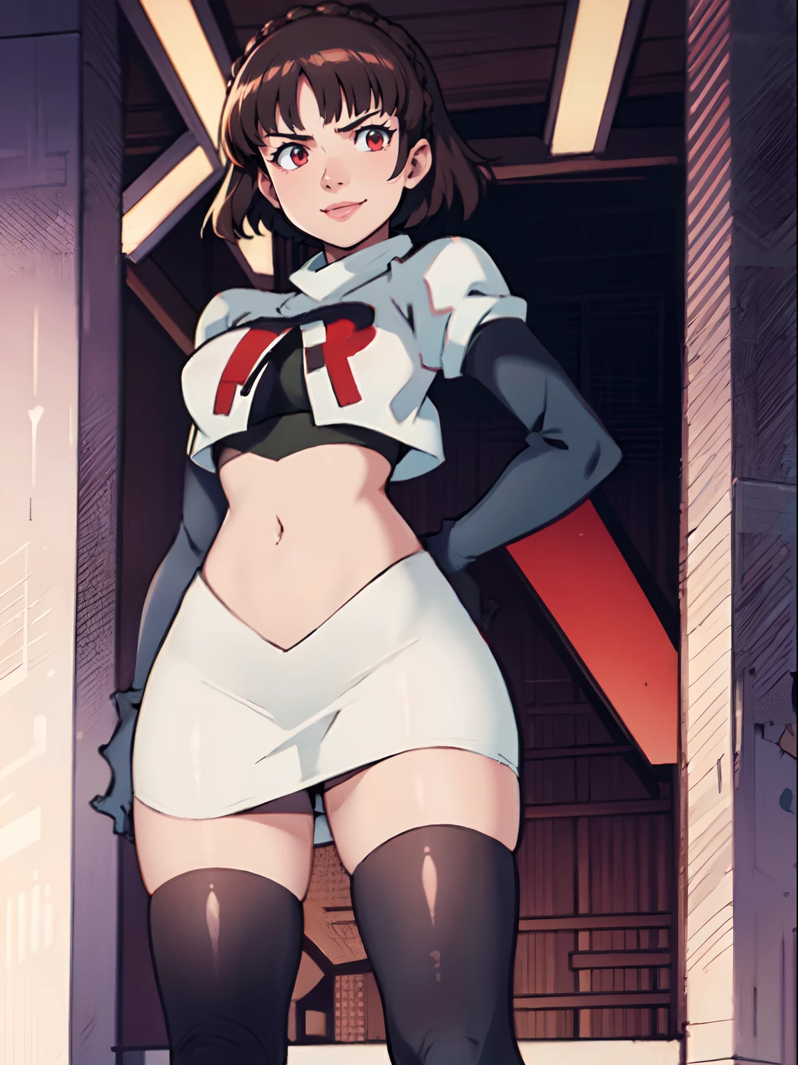 makoto nijima, blunt bangs, braid, brown hair, crown braid, team rocket uniform, red letter R, white skirt,white crop top,black thigh-highs,black elbow gloves, confident smile