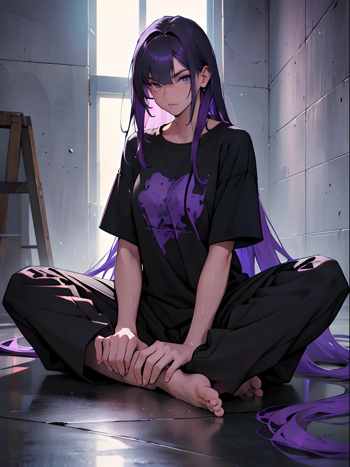 A girl, long purple hair, sitting on bedroll, Black T-shirt, black sweatpants, oversize clothes, bare feet, Wearing someone else's clothes, Slender figure, Beautiful,(Best Quality,4k,8K,hight resolution,Masterpiece:1.2), Ultra-detailed, Realistic, portrai, Vivid colors, studio lightning. Other people's clothes. Oversized clothing. black tshirt. long purple hair. Detailed. hiquality. Ultra-detailed. slim girl. big t-shirt. Detailing at a high level. handsome girl. The Bigger Picture. Grey Room. concrete walls. Blank Walls. concrete. Cold. wet hair. Water on the hair. Wet Hair Purple