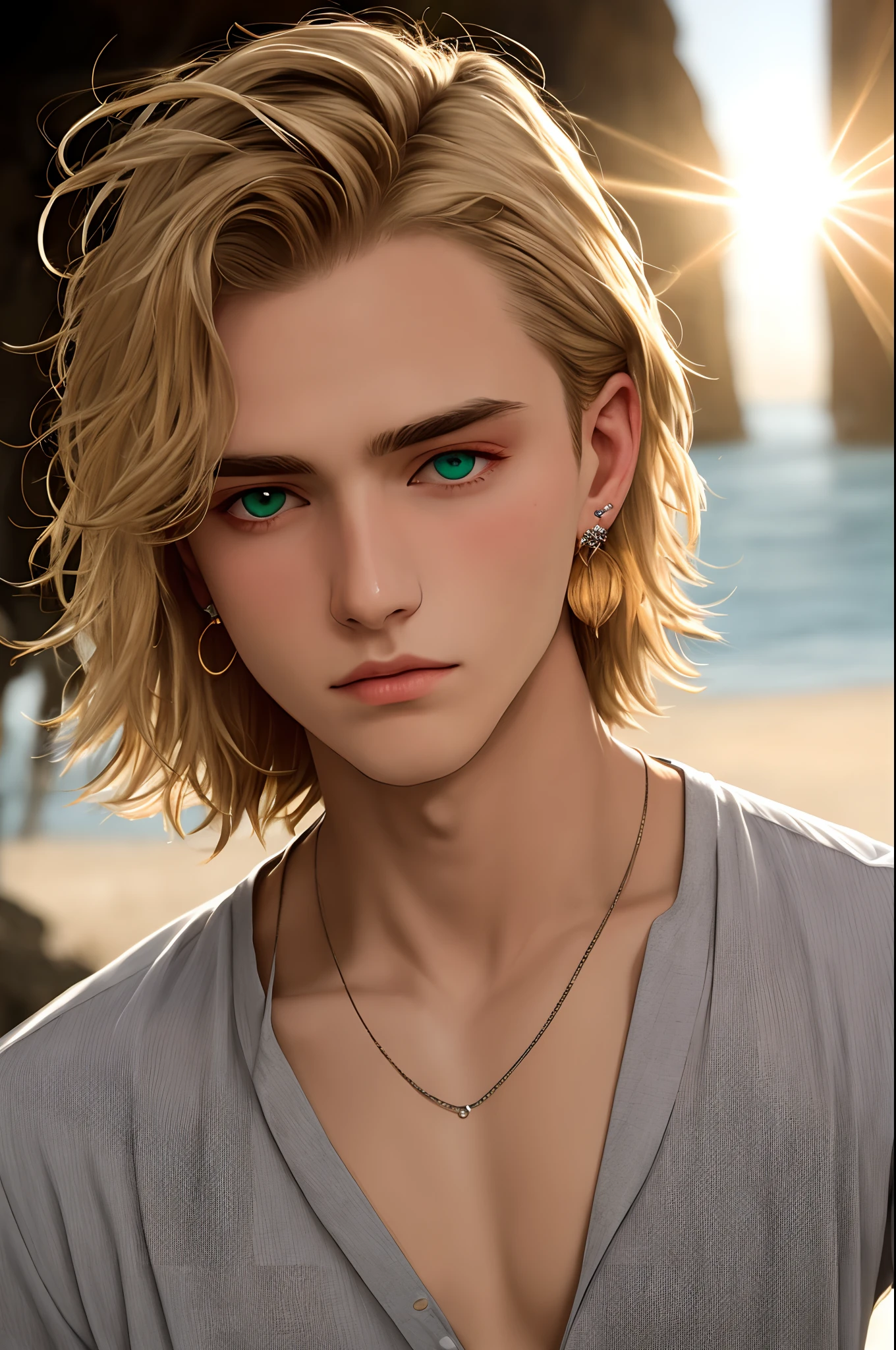 A thin, sad, pale, man with sandy blonde hair, sunken eye shadows, green eyes, sharp nose and chin, sun kissed skin, stud earrings, self harm scars