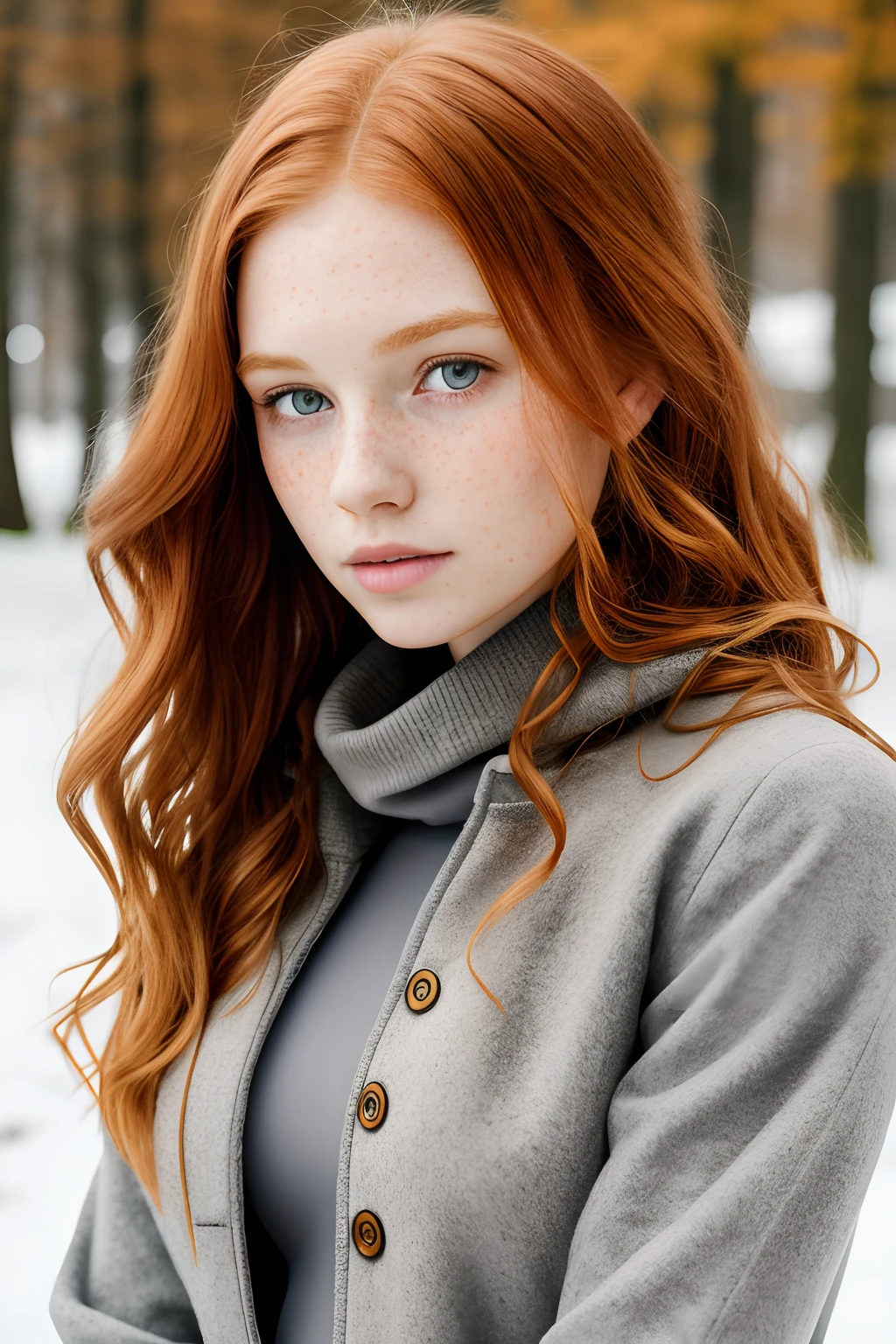 1girl in, age19, Solo, Aesthetic artwork, irish redhead, wavy ginger hair, shoulder length ginger hair, gray eyes, light grey eyes, some small freckles, pale skin, A-cup, small breasts, runners body, (textured skin, skin pores:1.1), (moles:0.8), imperfect skin, goosebumps, outside in city park, stone path, snow, late fall weather, (extremely detailed 8k wallpaper), soft lighting, high quality, film grain, Fujifilm XT3 sharp focus, f 5.6, 50mm, High Detail, Sharp focus,(natural light), (black winter jacket: 1.3), sweater, leggings, crazy details, complex details, hyper detailed