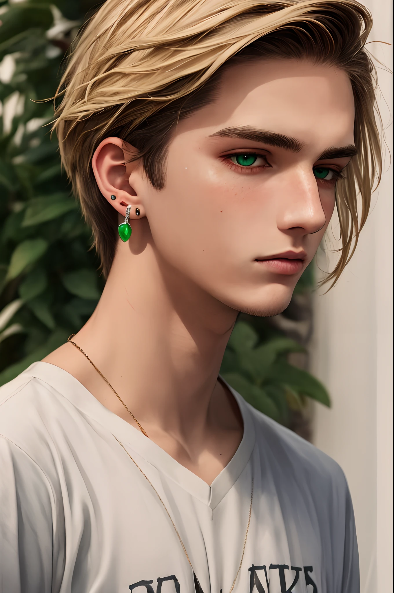 A thin, sad, pale, man with sandy blonde hair, sunken eye shadows, green eyes, sharp nose and chin, sun kissed skin, stud earrings, self harm scars