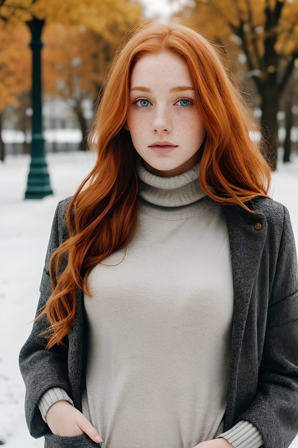 1girl in, 19, Solo, Aesthetic artwork, irish  redhead, wavy ginger hair, shoulder length ginger hair, gray eyes, light grey eyes, some small freckles, pale skin, A-cup, small breasts, runners body, (textured skin, skin pores:1.1), (moles:0.8), imperfect skin, goosebumps, outside in city park, stone path, snow, late fall weather, (extremely detailed 8k wallpaper), soft lighting, high quality, film grain, Fujifilm XT3 sharp focus, f 5.6, 50mm, High Detail, Sharp focus,(natural light), (black winter jacket: 1.3), sweater, leggings, crazy details, complex details, hyper detailed