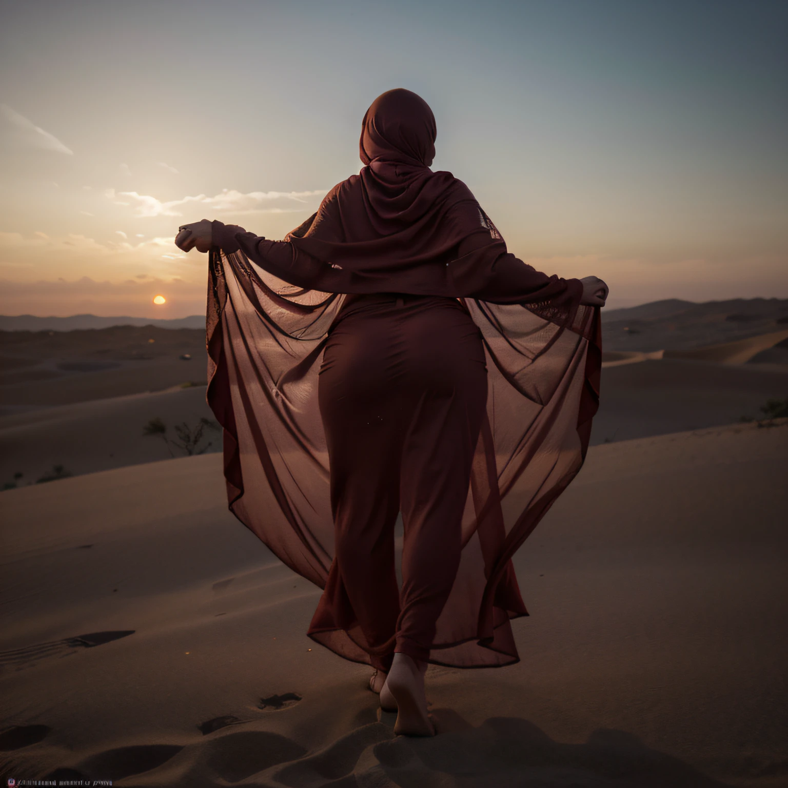 a European woman, blowing long hijab, walking on top of Sahara sand dune, from behind, face hidden, throwing sand in wind, breeze, (dark red sunset), bbw, (red sheer tight abaya), (big curvy hips), big belly dancer, shimmer, flowing red kaftan, natural skin, bright eyes, 24mm, 4k, soft cinematic light, RAW photo, photorealism, photorealistic, intricate, elegant, highly detailed, sharp focus, ((cinematic look)), soothing tones, insane details, intricate details, hyperdetailed, low contrast, soft cinematic light, dim colors, exposure blend, hdr, faded, majestic