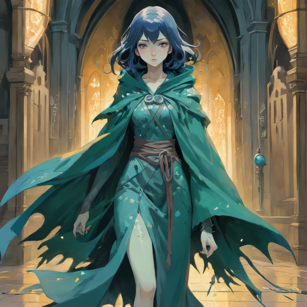 medium shot, Full armor, long worn cloak, 1woman, Solo, woman with grey skin, woman with long dark grey hair, hair reaching back, messy hair, Walking through the Citadel, Looking at Viewer. Gothic. neo gothic, carrying staff , dark green crystal on staff, Science fiction, warlock, Splatter. In the style of Adrian Geny, by Esao Andrews, Jenny Saville, Edward Hopper, surrealism, Dark Art by James Jean, Takato Yamamoto, Minimalism of ink punk. in style of tim burton. In the style of the ?????? bride, necromancy