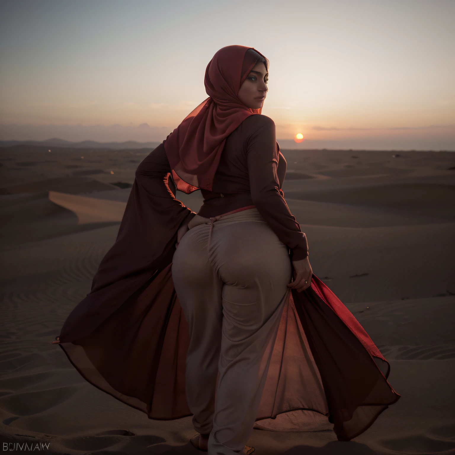 a European woman, blowing long hijab, walking on top of Sahara sand dune, from behind, face hidden, throwing sand in wind, breeze, (dark red sunset), bbw, (red sheer tight abaya), (big curvy hips), big belly dancer, shimmer, flowing red kaftan, natural skin, bright eyes, 24mm, 4k, soft cinematic light, RAW photo, photorealism, photorealistic, intricate, elegant, highly detailed, sharp focus, ((cinematic look)), soothing tones, insane details, intricate details, hyperdetailed, low contrast, soft cinematic light, dim colors, exposure blend, hdr, faded, majestic