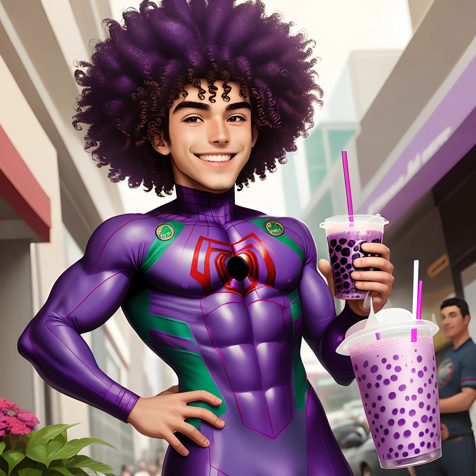 Mexican curly haired Spiderman, purple suit, holding boba drink while smiling comic style