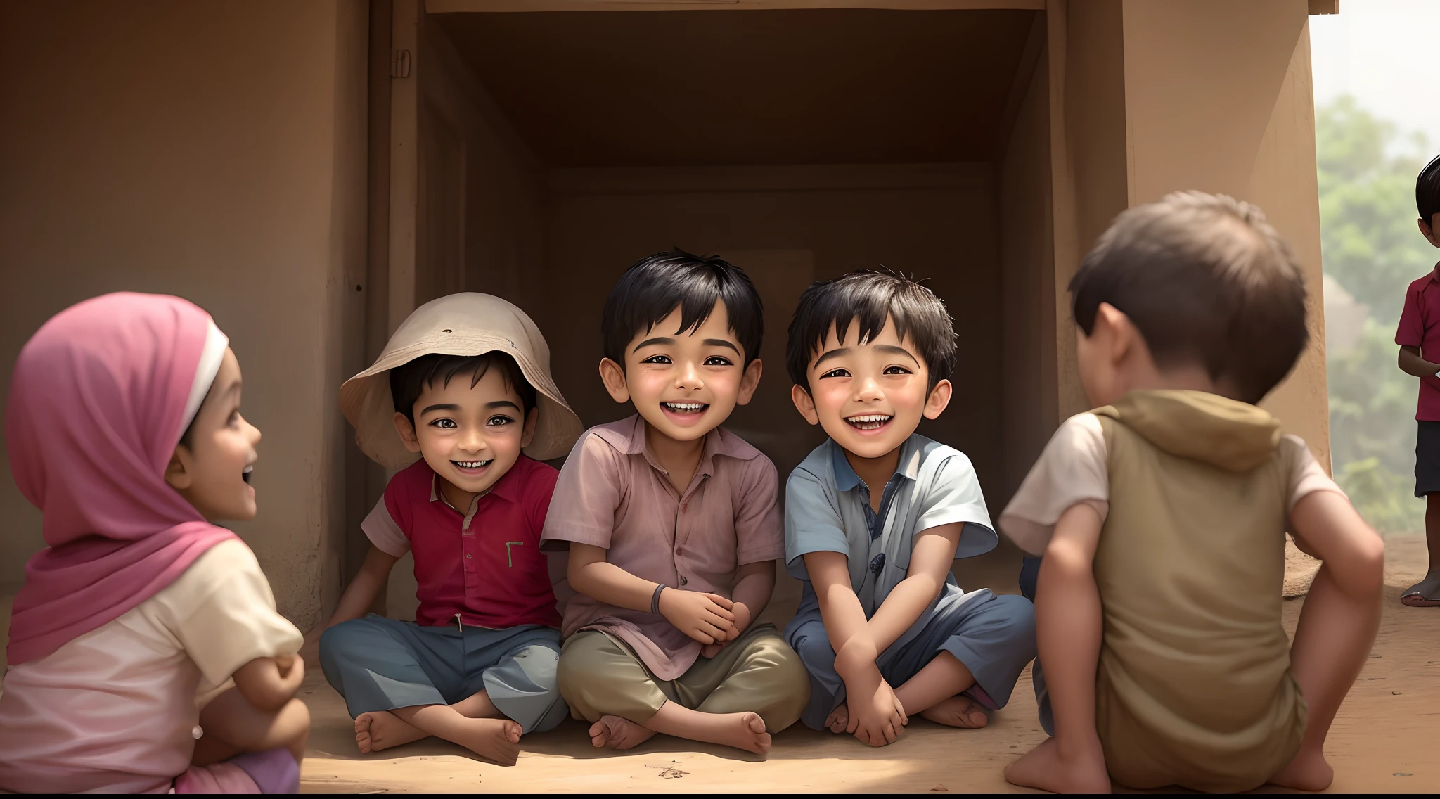 A shy boy named Raj is surrounded by other children who are playing and laughing.
