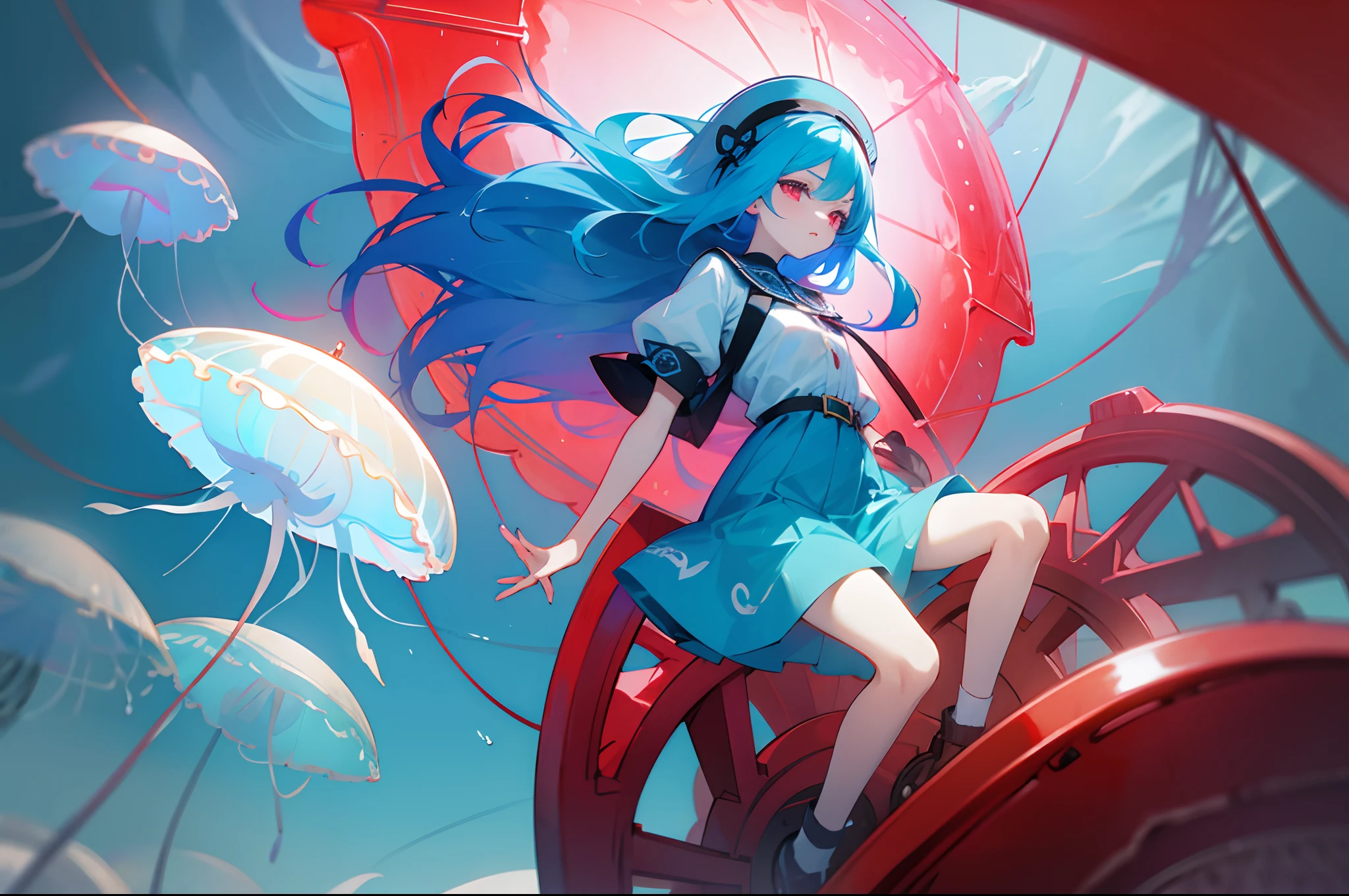 bright blue hair,teens girl,Jellyfish in the air,incredulous,red color eyes,above the sea,wheel,Rained,The end of the world,Sense of oppression