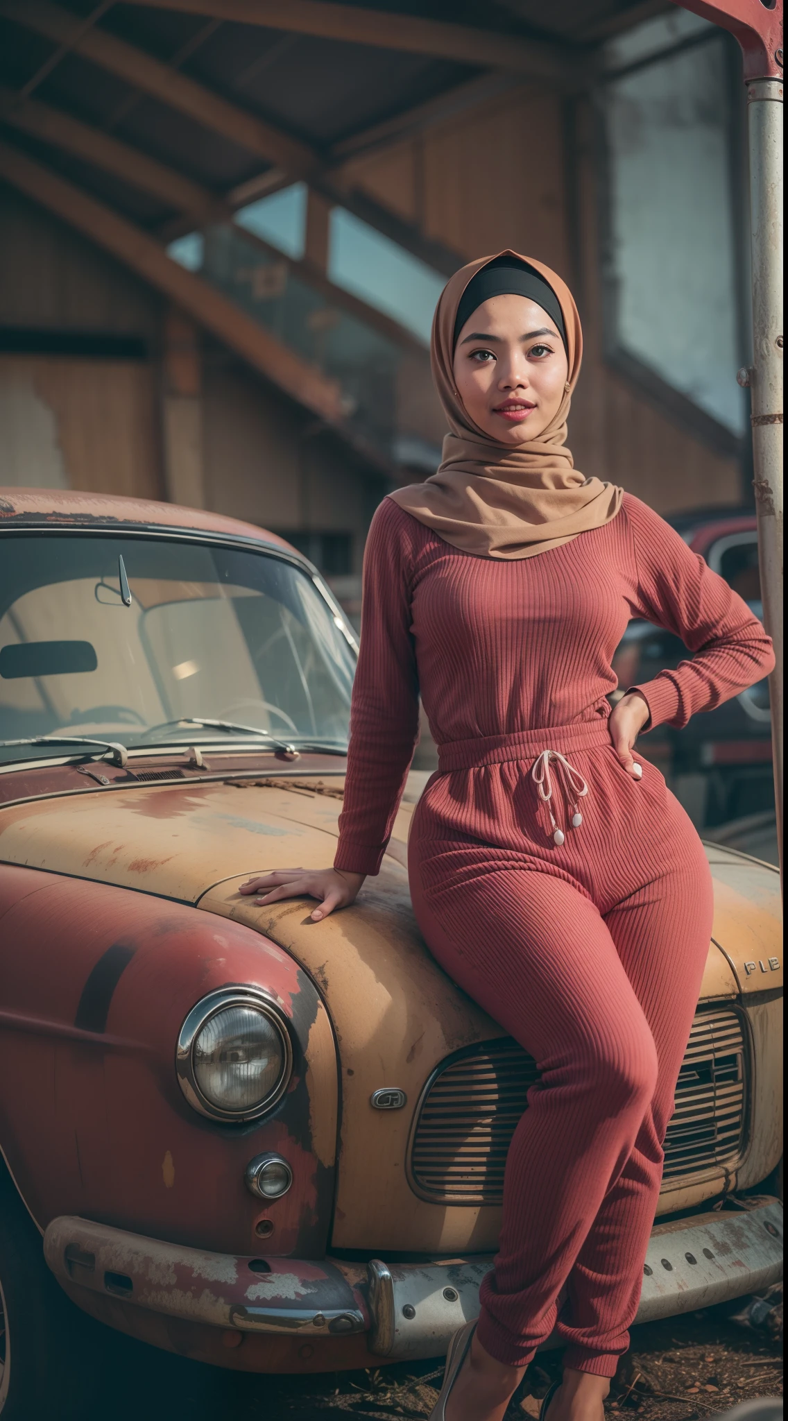 Malay girl in hijab wear Rib-Knit Halterneck Sports Romper , seat infront of vintage car, old junk car, front view, detail skin, detail skin texture, mole below eyes, small breast, big hip, big waist, big thigh, slim abs, beautiful body, evening, laughing, happy, bright lighting, blur background, bokeh, vintage effect photo, vintage color, retro color, high quality, 8k