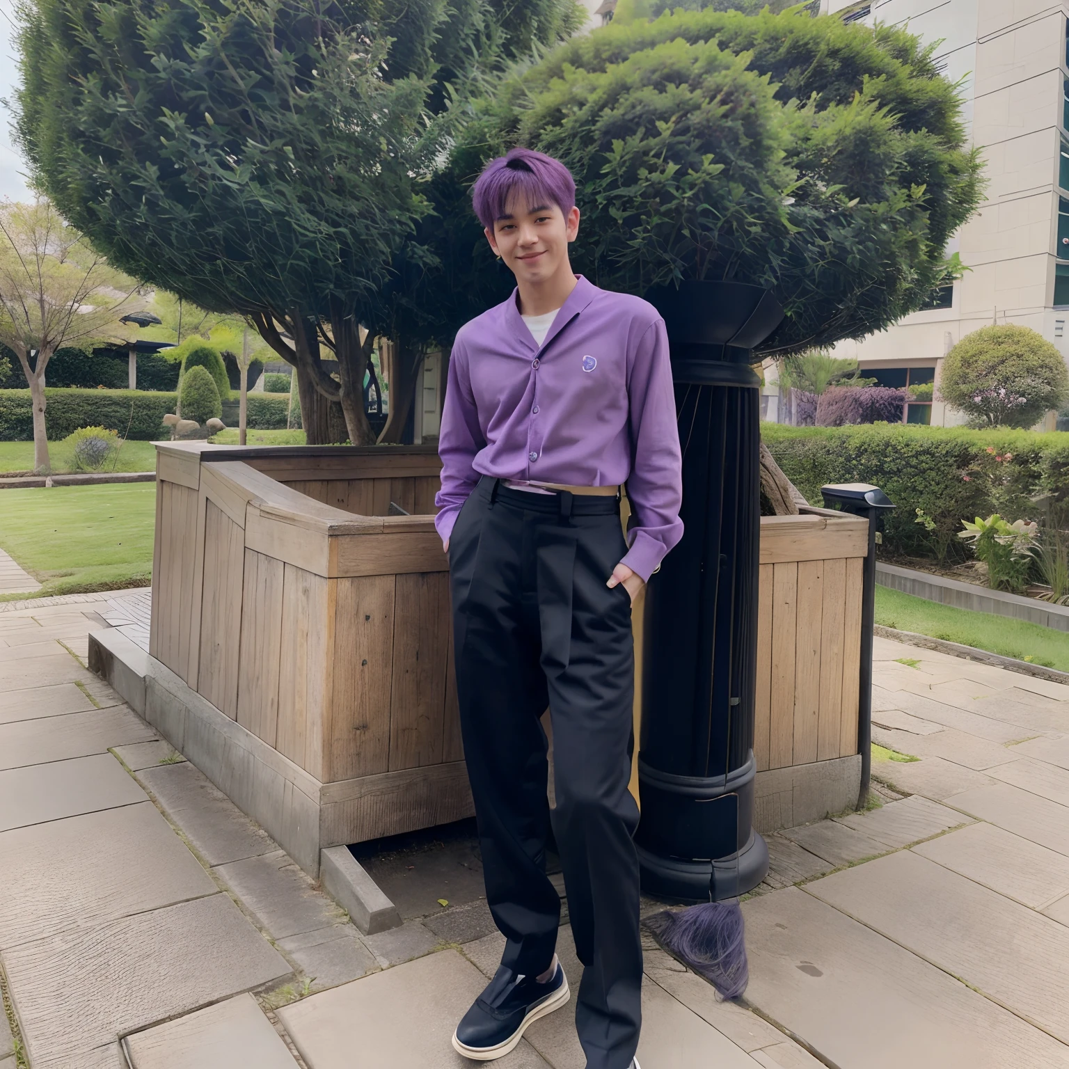 1 man with a small and handsome face, purple pixie hair, beautiful black eyes, cute body with Japanese school uniform, standing black trousers, garden view with blue sky and beautiful clouds, black tie, full body, smiling, realistic, hands details, detailed faces, detailed feet, detailed shoes, detailed clothes, detailed hair, and detailed views