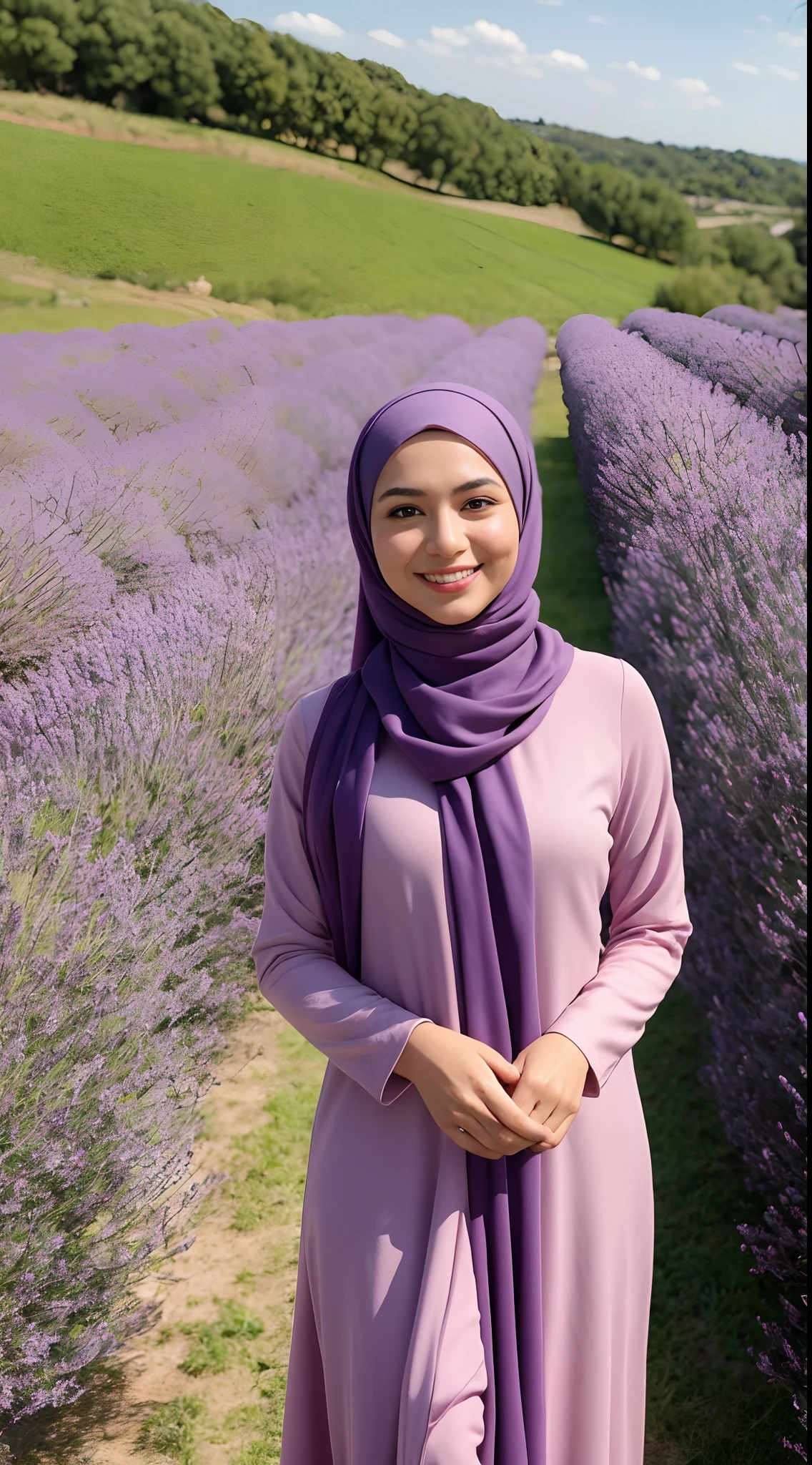 Malay girl in long hijab wear baju kurung, pastel color, walking in Lavender Fields, Provence – France , windy, blown her hijab, front view, detail skin, detail skin texture, mole below eyes, small breast, wide hips, small waist, thick thigh, slim abs, beautiful body, sunrise, laughing, happy, bright lighting, blur background, bokeh, 4k, ultra detail, high quality photo,