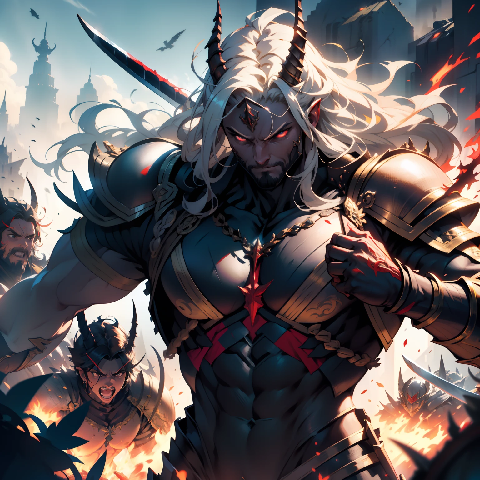 Army of demons holding swords and spears preparing for battle hyper realistic super detailed hyper realistic faces super detailed Super detailed hyper realistic armor Correct dynamic shooting Anatomical poses