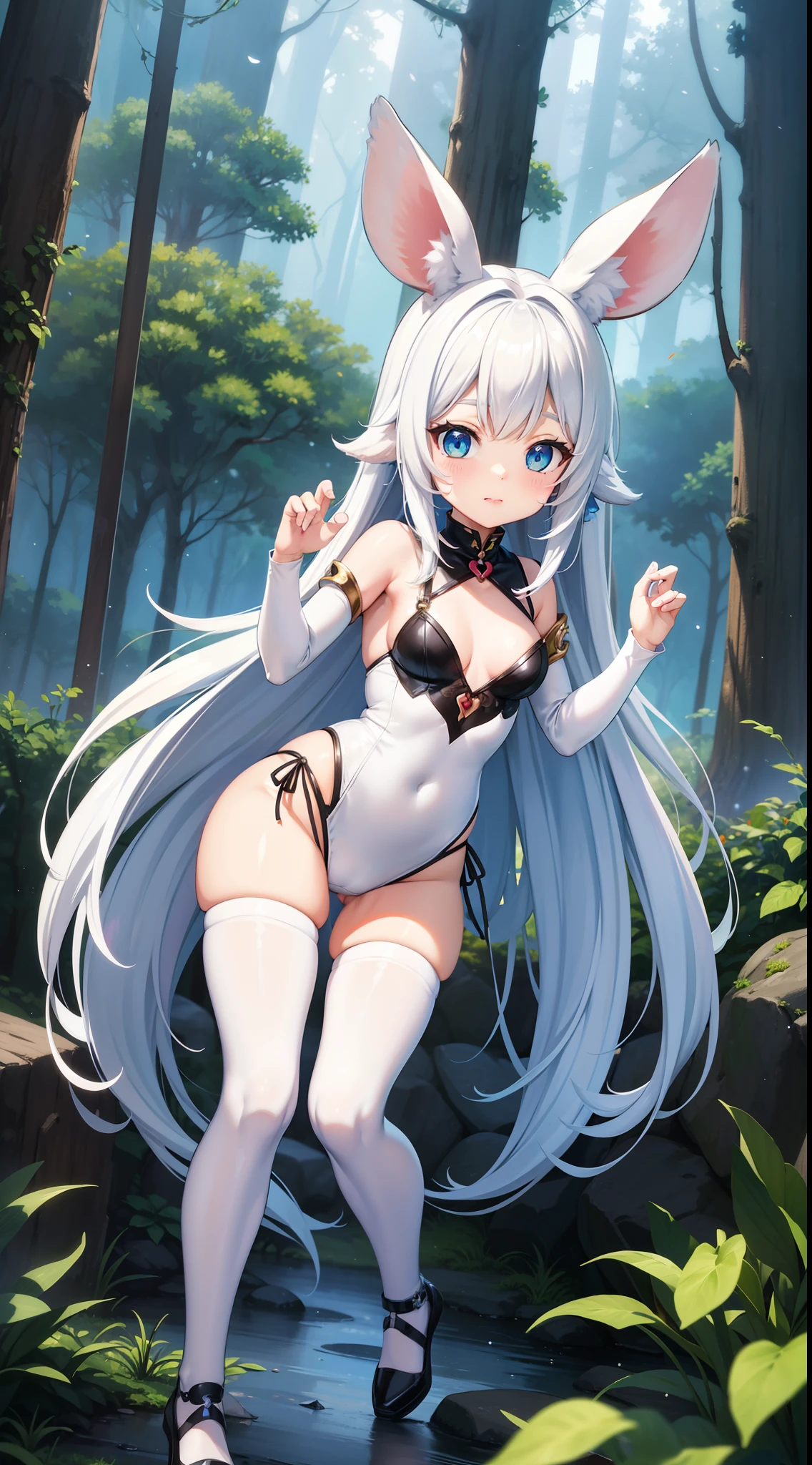 in woods　White rabbit with carrots and long ears,  long white ears、I'm with a girl with long blue hair and a chibi character。This is a lovely white and blue ???? outfit。White ?????、Dark eyes。cute forest creature, Cute mushrooms also grow、Lovely digital painting, cute detailed digital art, the squirrel king, adorable digital art, cute cartoon characters, cute character, Adorable creatures, cas, official illustrations, offcial art, a squirrel, maplestory mouse, astri lohne,  cute 3d render
