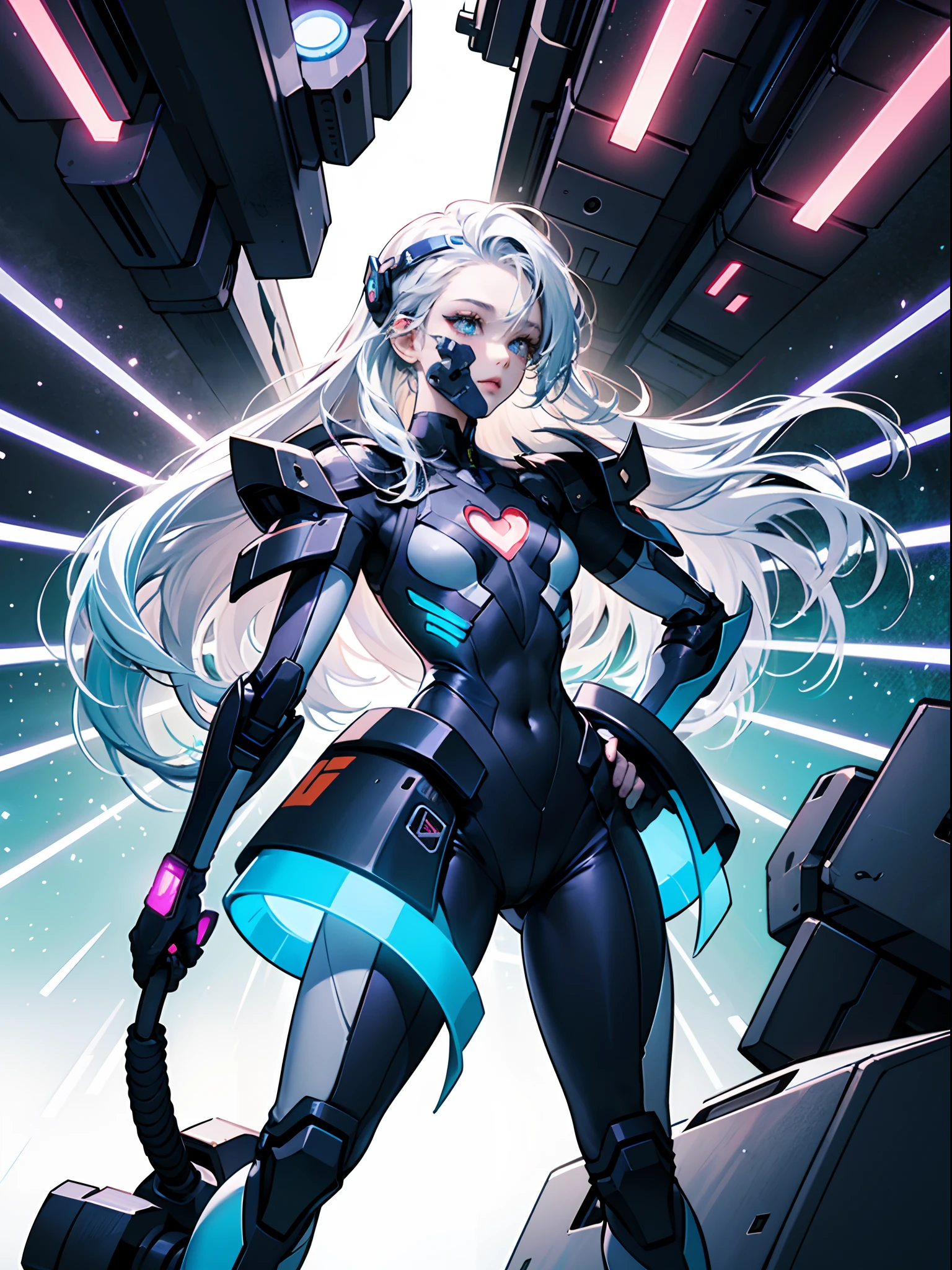 The logo features a stylized cyber waifu figure with smooth, modern lines. She is shown standing with an elegant posture and leaning slightly forward. Her hair flows in a digital waterfall with gradient colors ranging from light blue at the tips to a deep purple hue at the roots. His eyes are bright and futuristic, with a cybernetic glow to them. On his chest, right above his heart, is a small icon representing a gear, symbolizing the "machine" in "Stupid Machine". This gear is minimalist and in silver tones. The typography "Stupid Machine" is written below the figure in a modern, stylized font. The text is a cybernetic tone that matches the figure, and the letters have a futuristic look.