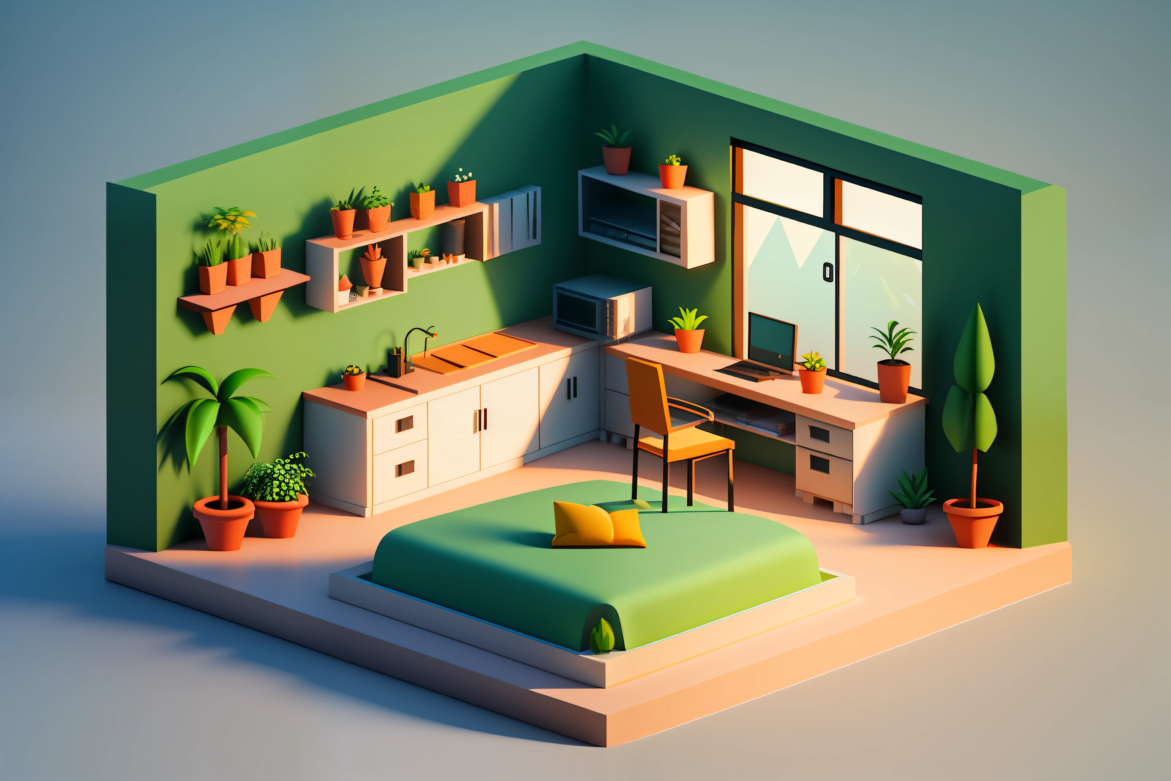 Isometric style, accurate 120 degrees, poly art, stylized 3D rendering, botanical garden, room, 3D stylized scene,