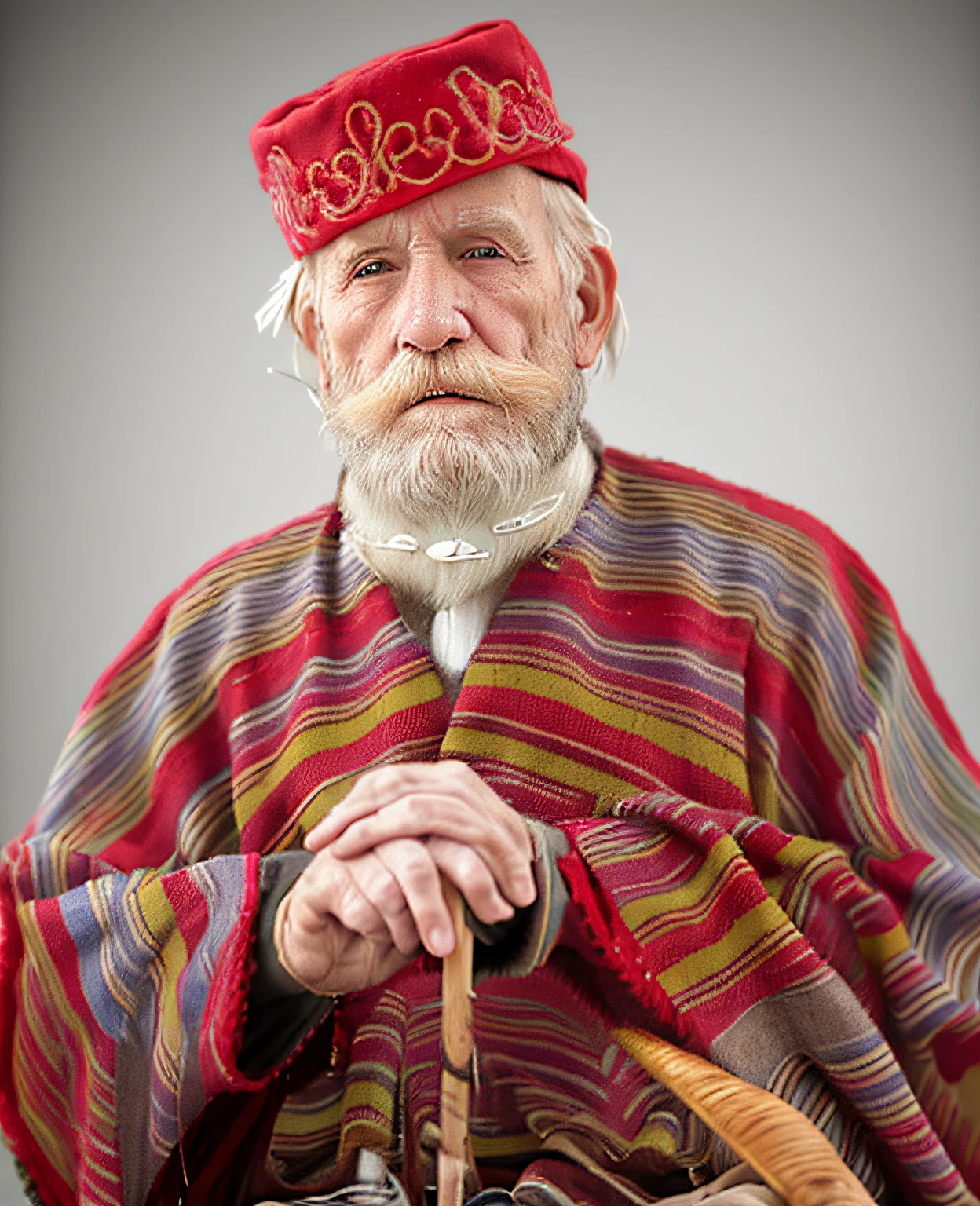 Old man in a colored poncho, detailed white skin, little red hat, beard, simple background, cane