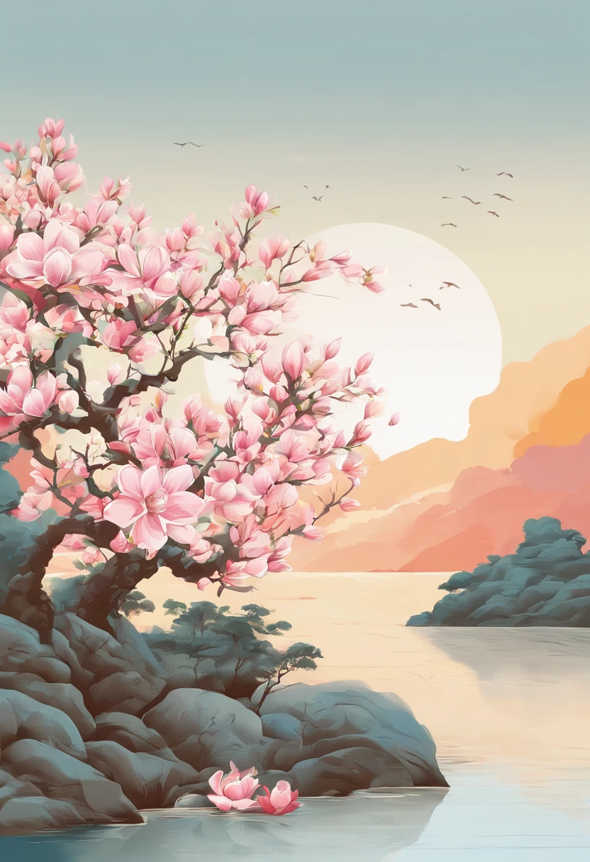 Equinox，Sun Terms in Traditional Chinese，(((Magnolia flower)))，estilo nacional，Estilo de tinta，single-color background，com clivagem(((Andorinha)))voando pelo ar，landscape view，Not being characterized，Pintura calma