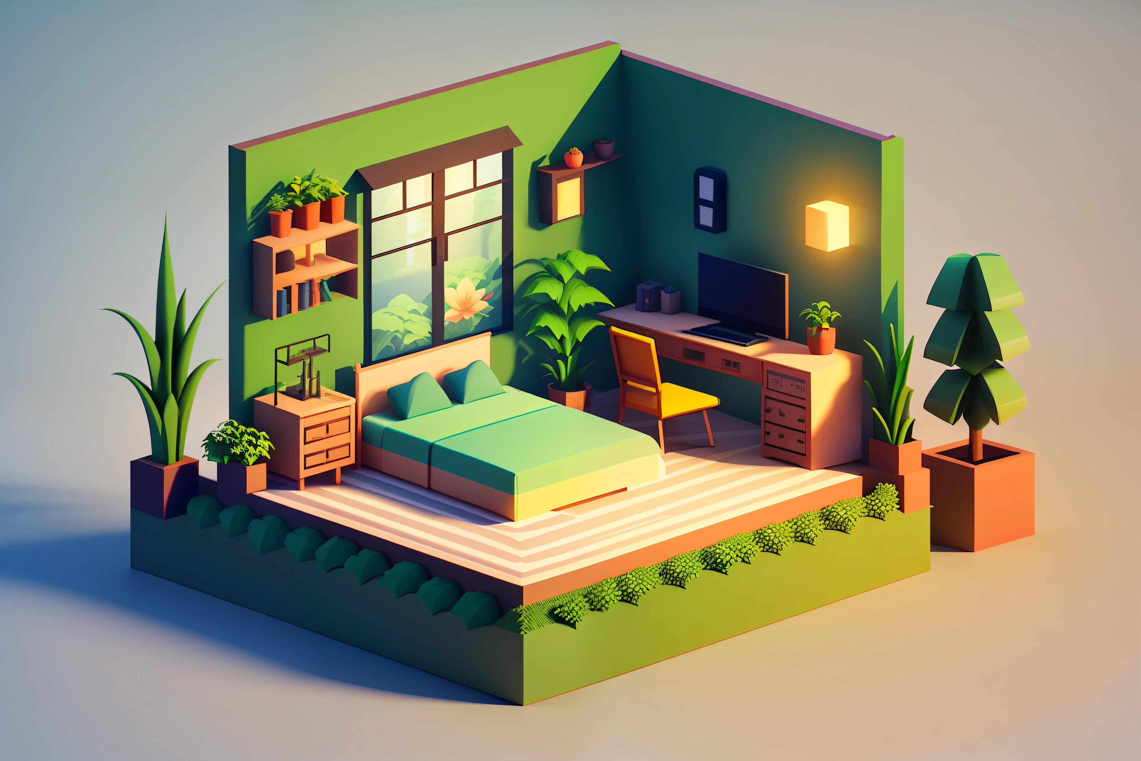 Isometric style, accurate 120 degrees, poly art, stylized 3D rendering, botanical garden, room, 3D stylized scene,