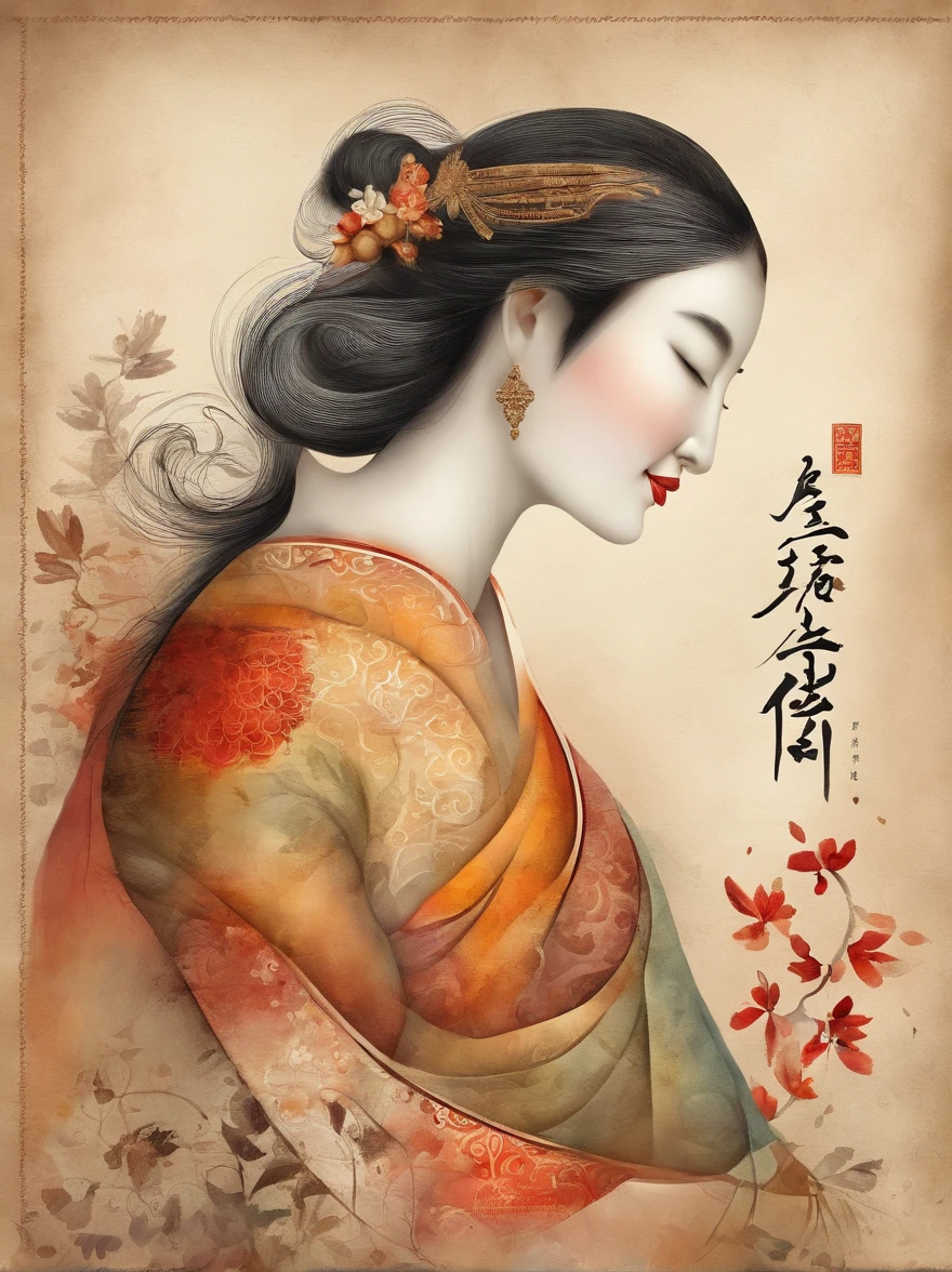 Design de texto, 《poesia》, water ink,Meilanzhuju,Pintura tradicional chinesa,Linhas claras, plano, graphic,A figura deve ser escrita em letra cursiva "Feliz Festival de meados de Outono",Deve haver uma lua na foto、Ramos de Osmanthus,The colors are bright