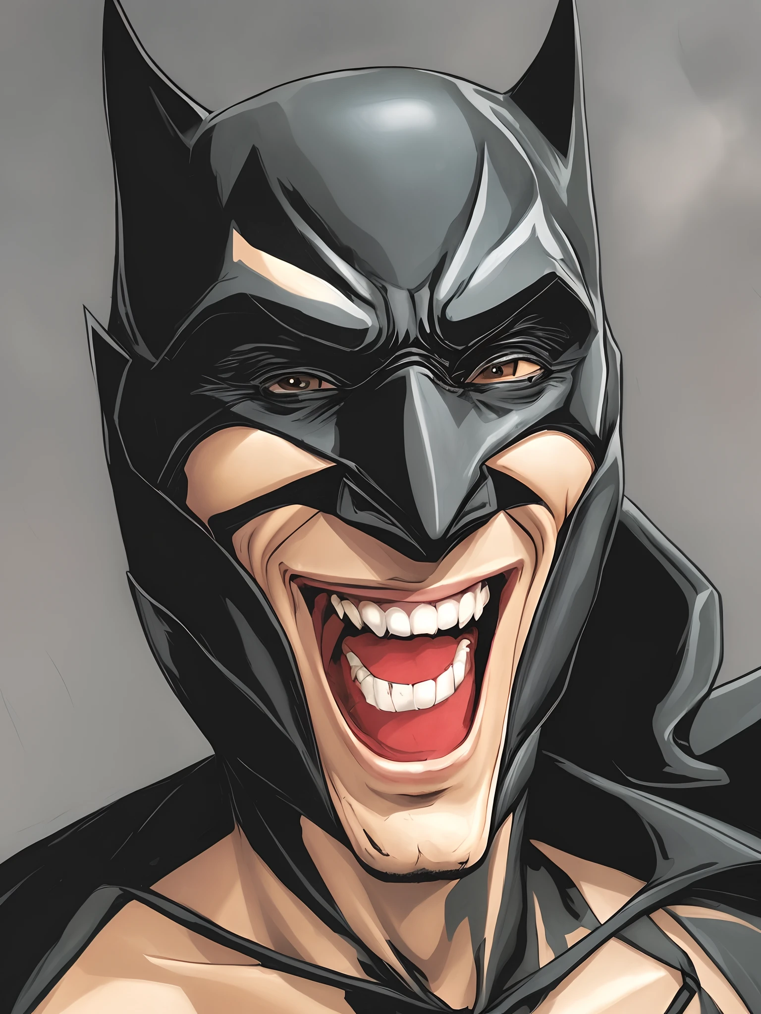 surprised batman in black batman suit, mouth opened, caricature, albeniz rodriguez style