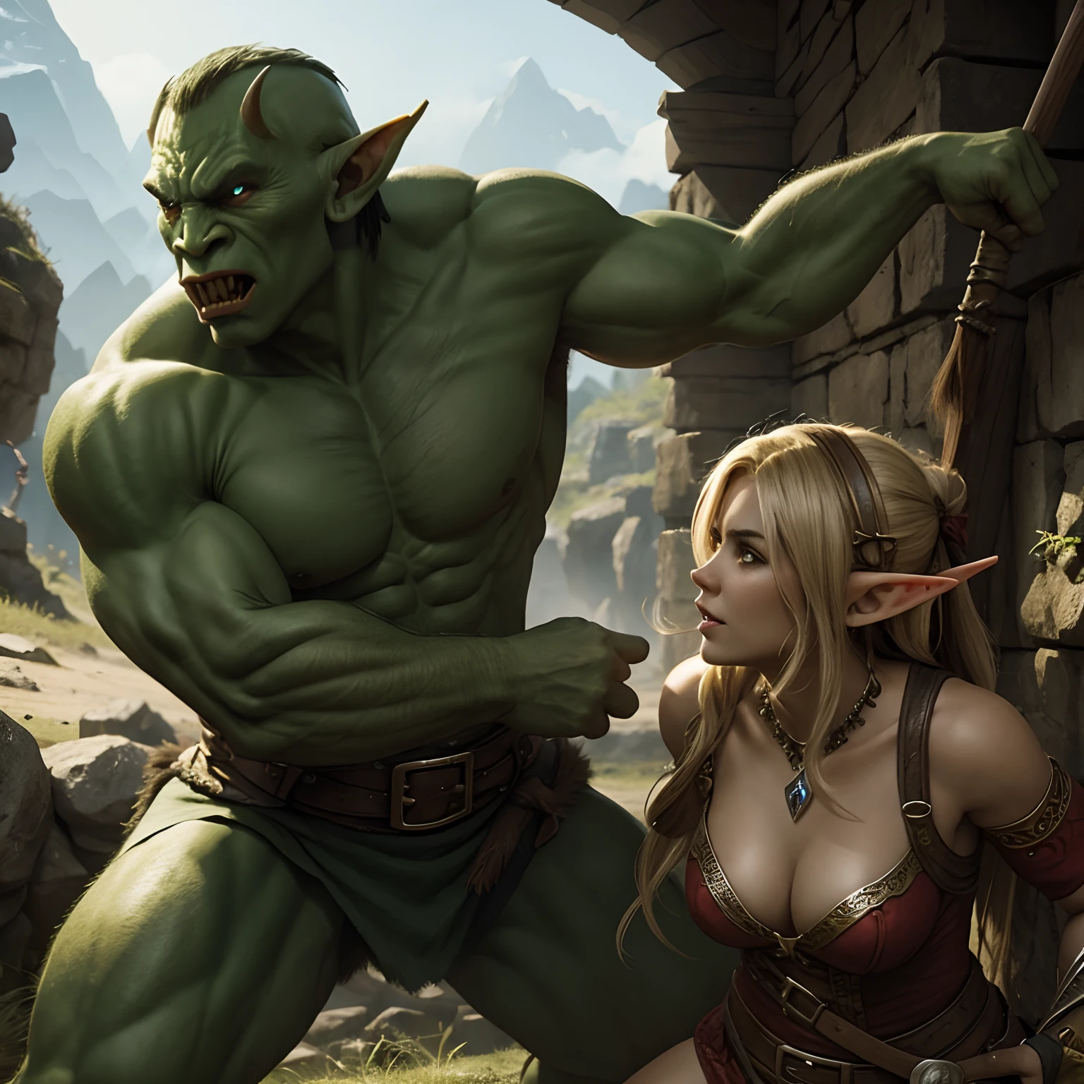 Beautiful elf fighting an orc