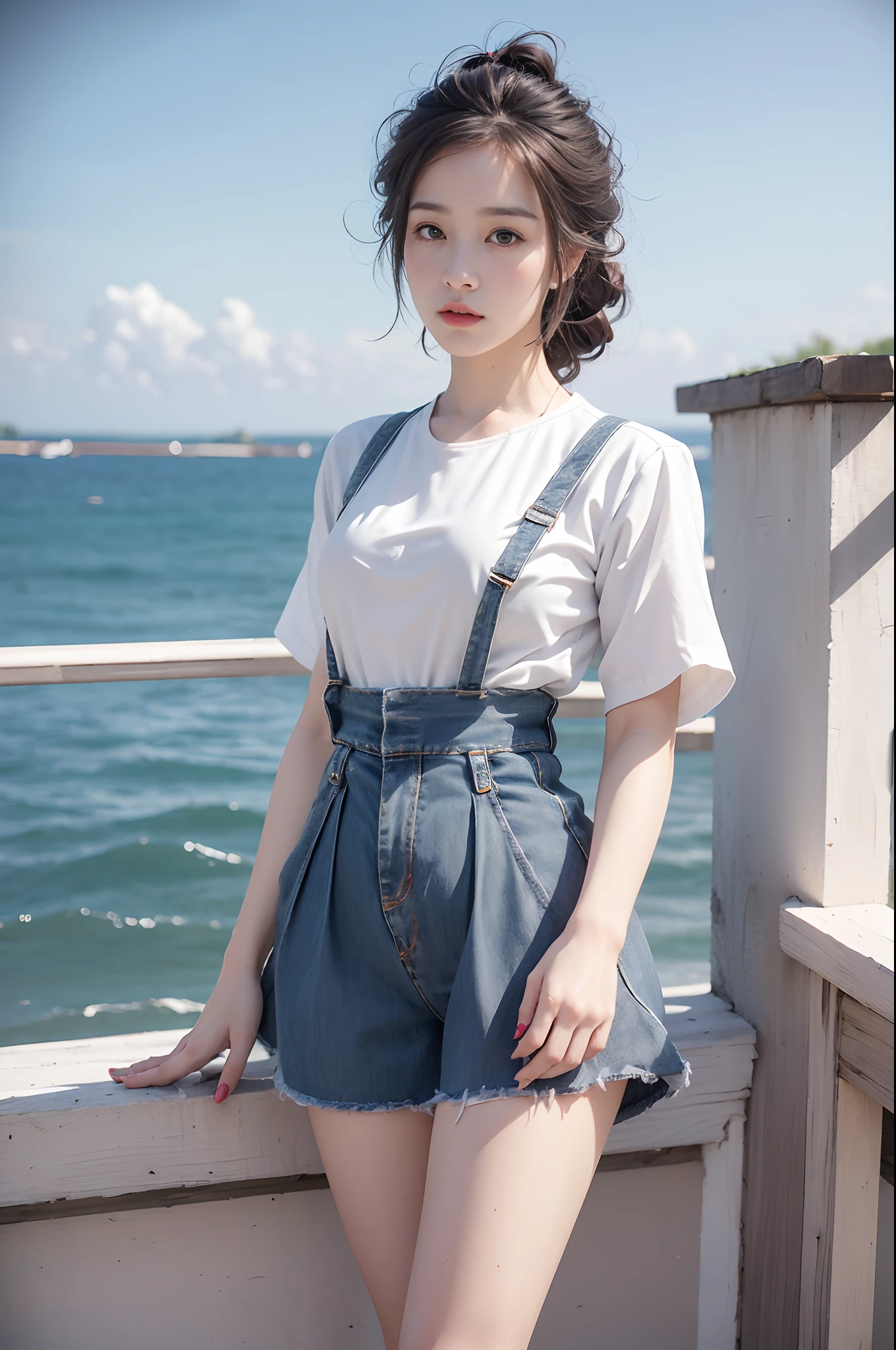 (Masterpiece, Superb work,4K 分辨率, Ultra-realistic:1.3),Girl posing for photo in white shirt and pleated skirt，(A half body:1.2)，Slim body，(medium chest circumference)，Slim girl model，24 years old female model，(Have by the sea:1.3)，Soft light，Detailed background,Coordinated body proportions，(Denim skirt:1.2)，facial closeups，well detailed face，(white  shirt)，(pleatedskirt)，