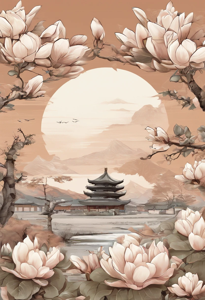 Equinox，Termos solares chineses tradicionais，(((Magnolia flowers)))，estilo nacional，Vento de tinta，solid color backdrop，Dois(((Engole)))sobre ele，O visual de voar，landscape view，Don't be characterized，Don't be characterized,Do not build
