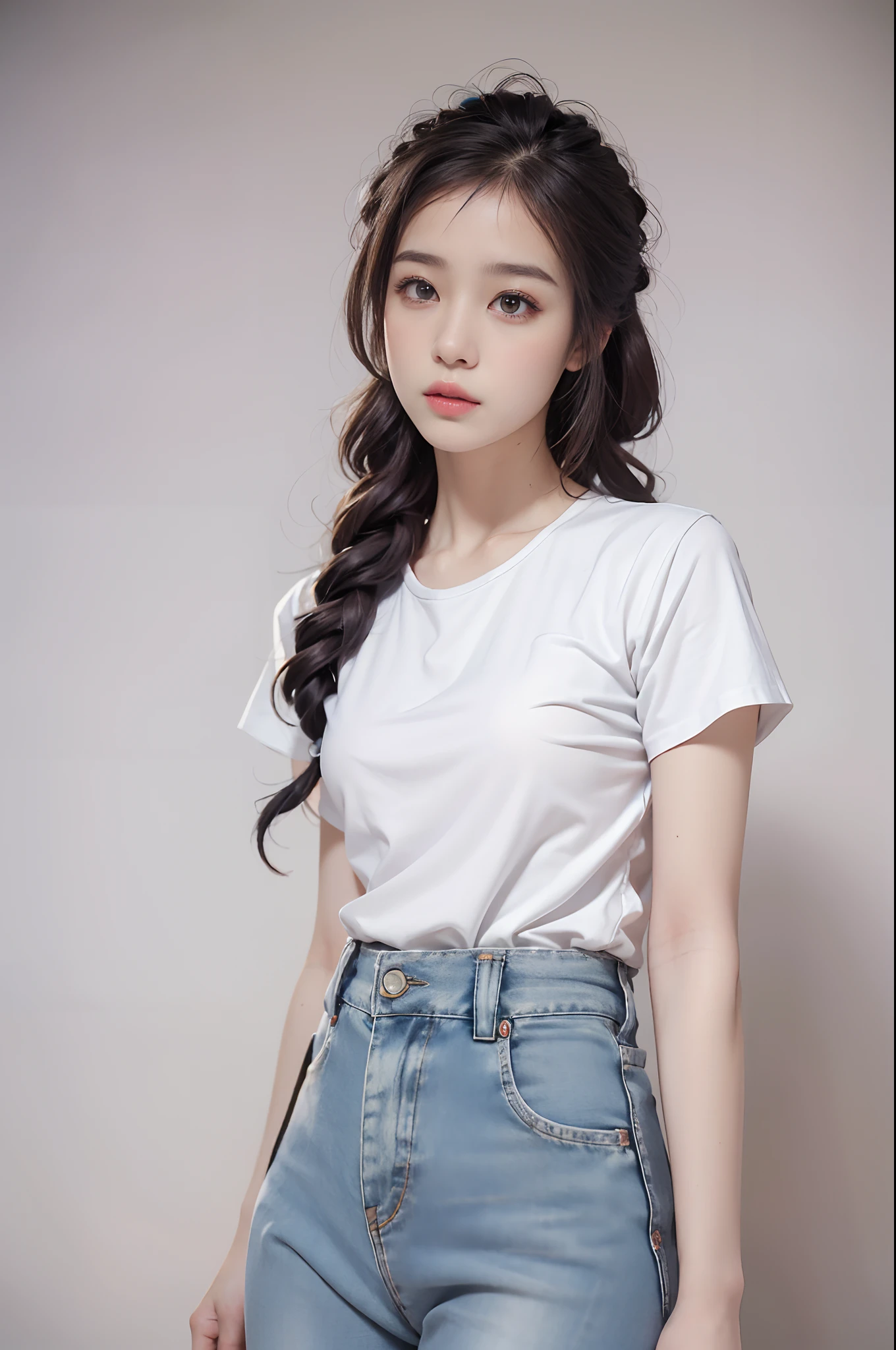 (Masterpiece, Superb work,4K 分辨率, Ultra-realistic:1.3),Girl posing for photo in white shirt and pleated skirt,(A half body:1.2),Slim body,(medium chest circumference),Slim girl model,24 years old female model,(Have by the sea:1.3),Soft light,Detailed background,Coordinated body proportions,(Denim skirt:1.2),facial closeups,well detailed face,(white shirt),(pleatedskirt),