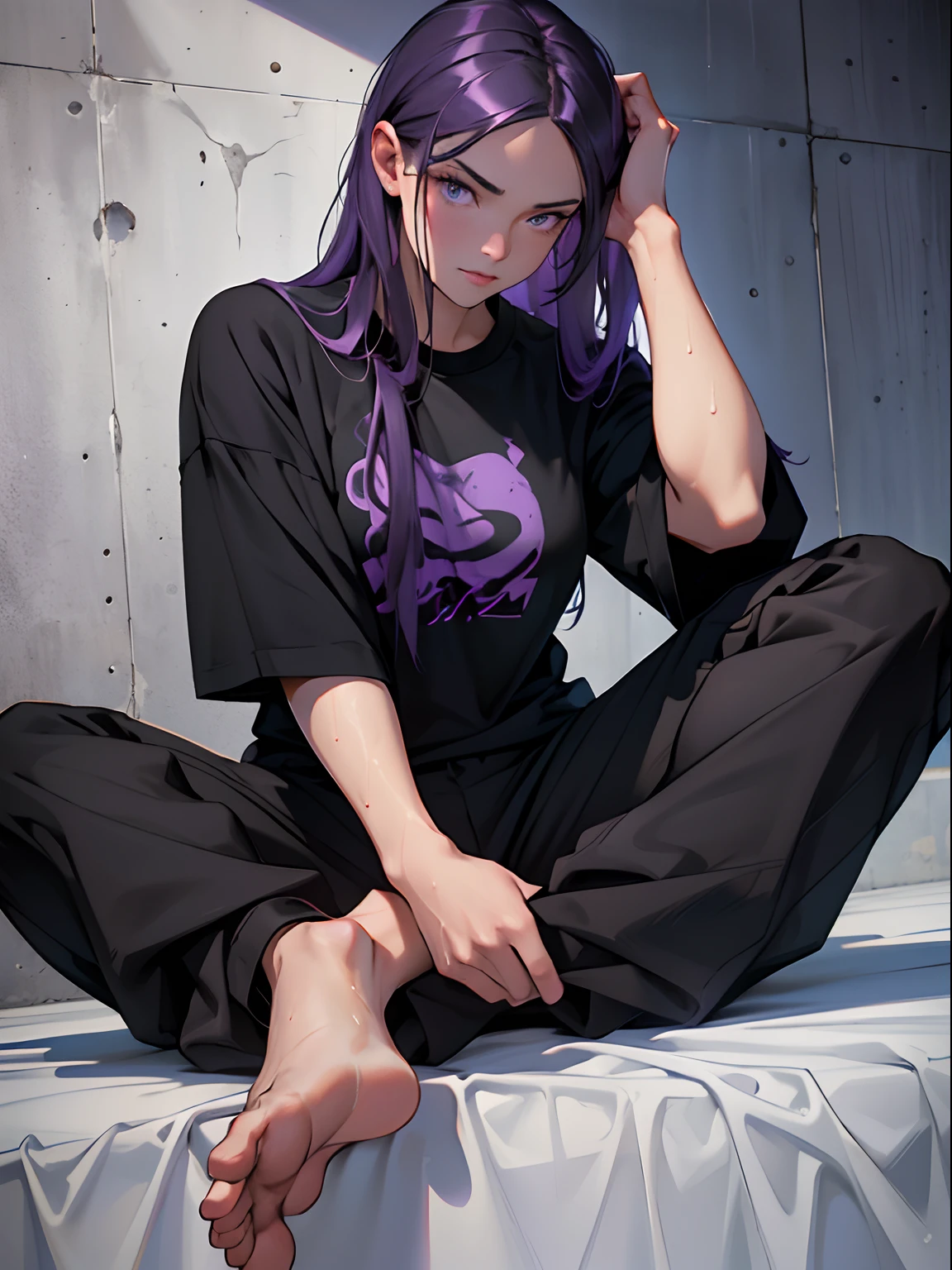 A girl, long purple hair, sitting on bedroll, Black T-shirt, black sweatpants, oversize clothes, bare feet, Wearing someone else's clothes, Slender figure, Beautiful,(Best Quality,4k,8K,hight resolution,Masterpiece:1.2), Ultra-detailed, Realistic, portrai, Vivid colors, studio lightning. Other people's clothes. Oversized clothing. black tshirt. long purple hair. Detailed. hiquality. Ultra-detailed. slim girl. big t-shirt. Detailing at a high level. handsome girl. The big picture. The Grey Room. concrete walls. Blank Walls. concrete. Cold. wet hair. Water on the hair. Wet Hair Purple. detailed legs. high quality detailed. Black pants. black sweatpants. feet, Detailed. detailized face. A detailed eye. violet eyes. Girl sitting on bed. wet hair. Water dripping from your hair. wet hair