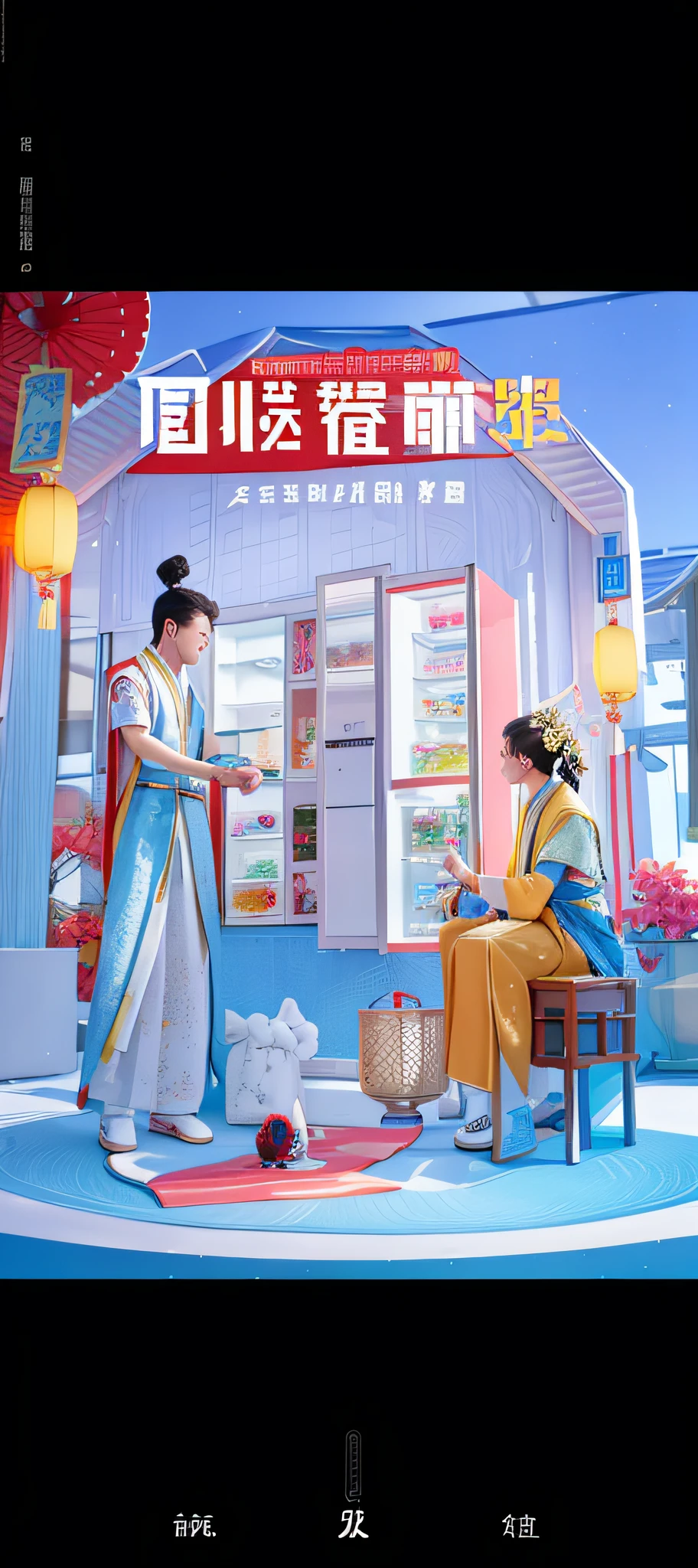 promotional render， Three refrigerators in the middle，Cai Xukun， 6k， 4 ）， Inspired by Zou Yigui， trending on cgstation， Take Guan Ding Peng as a source of inspiration， Inspired by Xiao Yuncong， inspired by Cheng Jiasui， inspired by Ding Yunpeng， nanquan， Keep the ads Chinese above